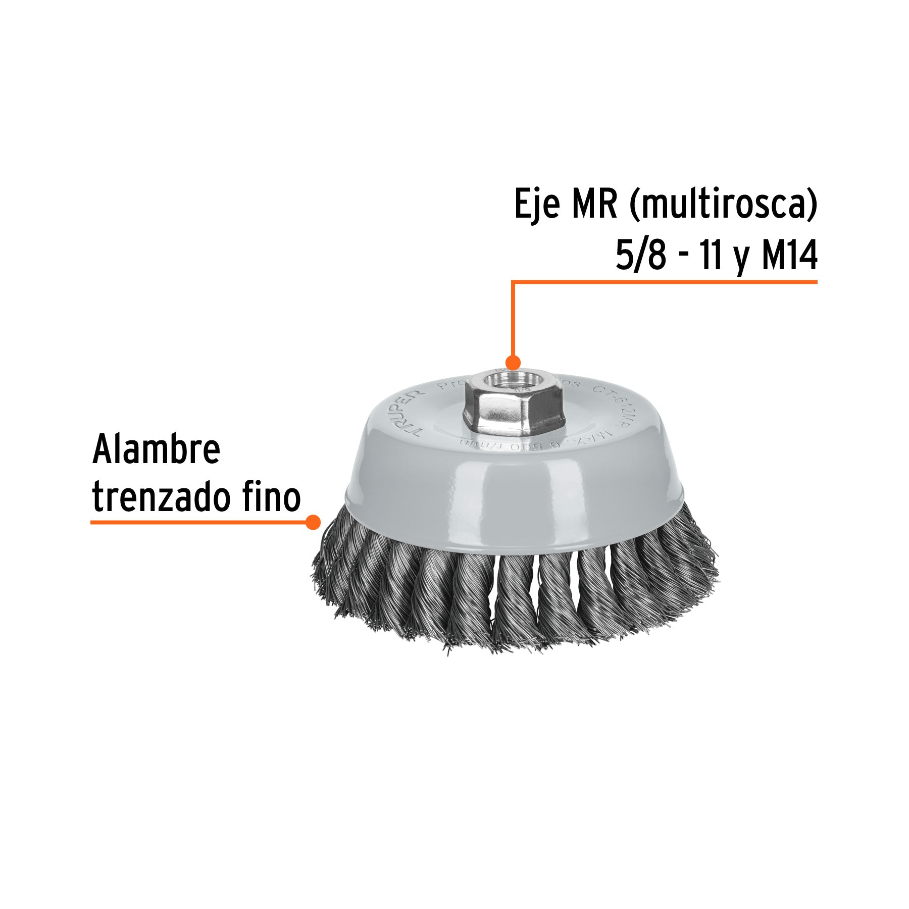 Carda copa 5" alambre trenzado fino, Multi-rosca, TRUPER