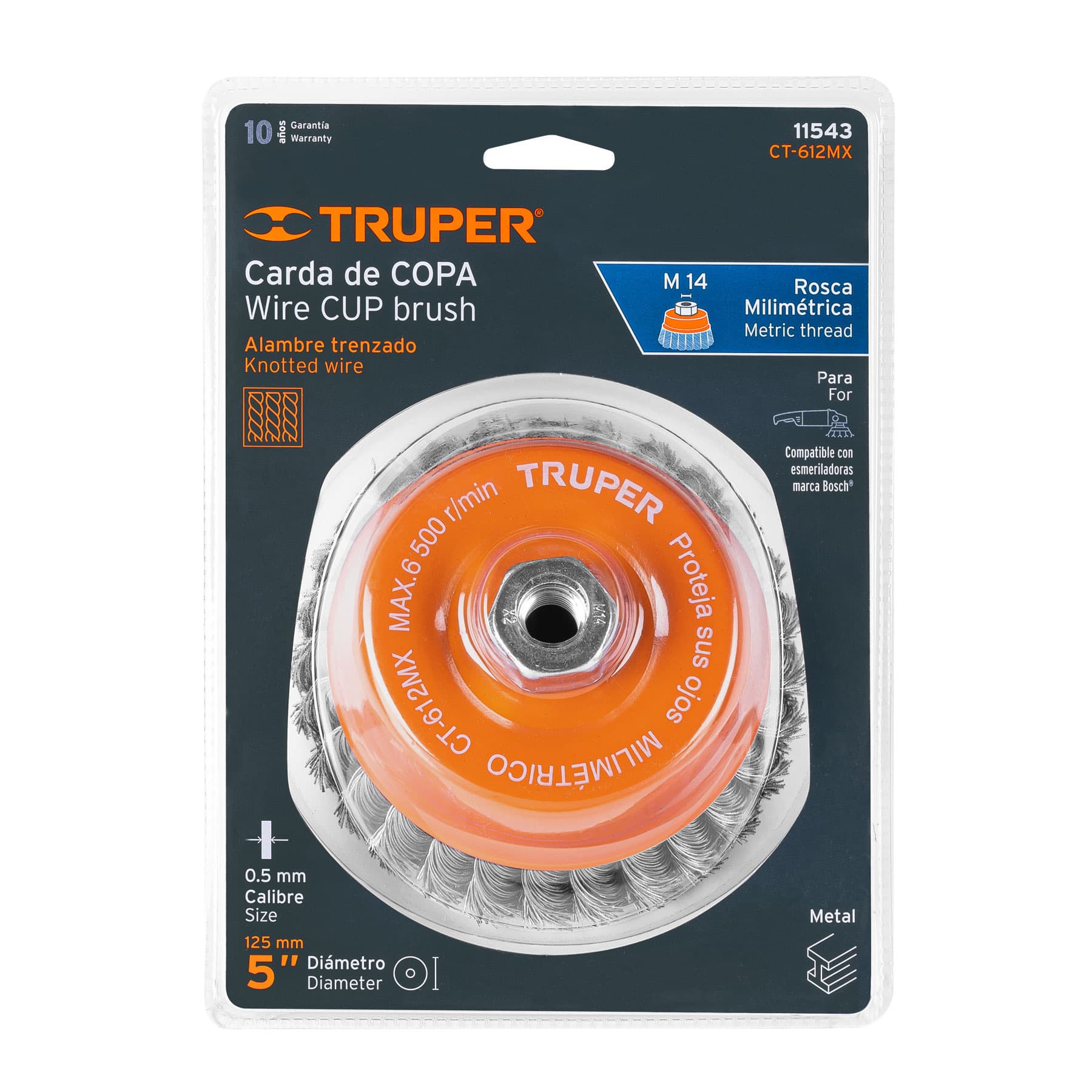 Carda copa 5" alambre trenzado grueso, eje M14, TRUPER