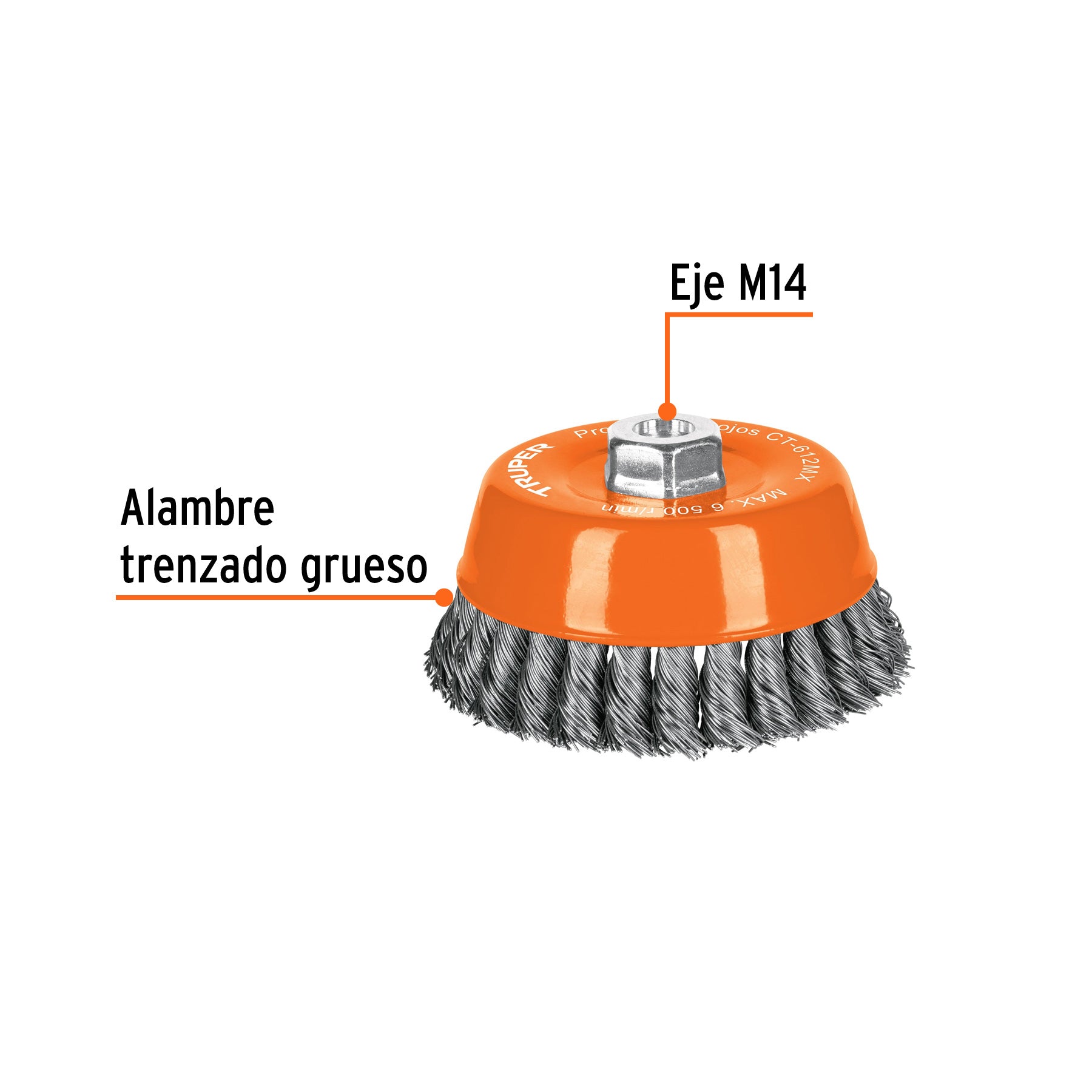 Carda copa 5" alambre trenzado grueso, eje M14, TRUPER