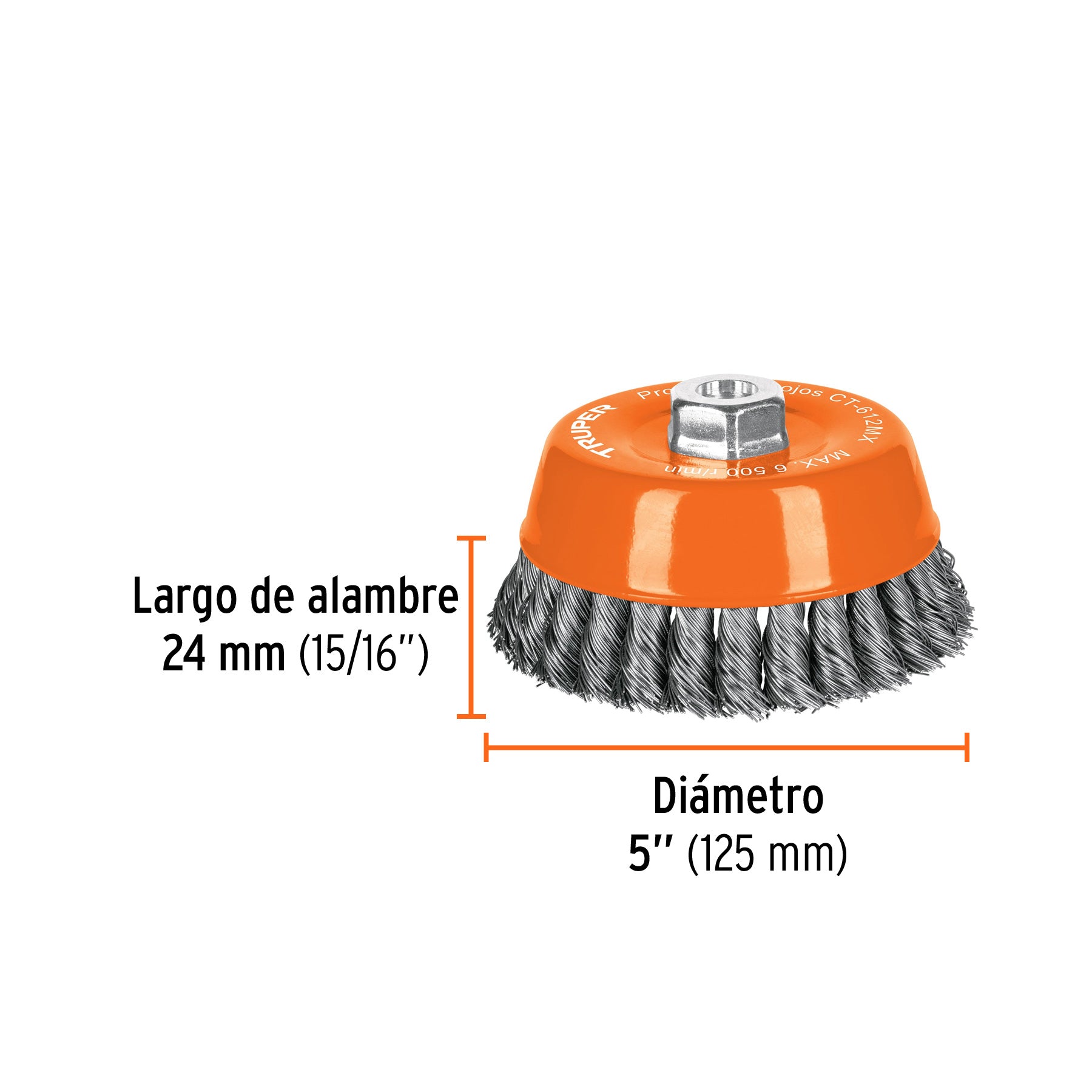 Carda copa 5" alambre trenzado grueso, eje M14, TRUPER