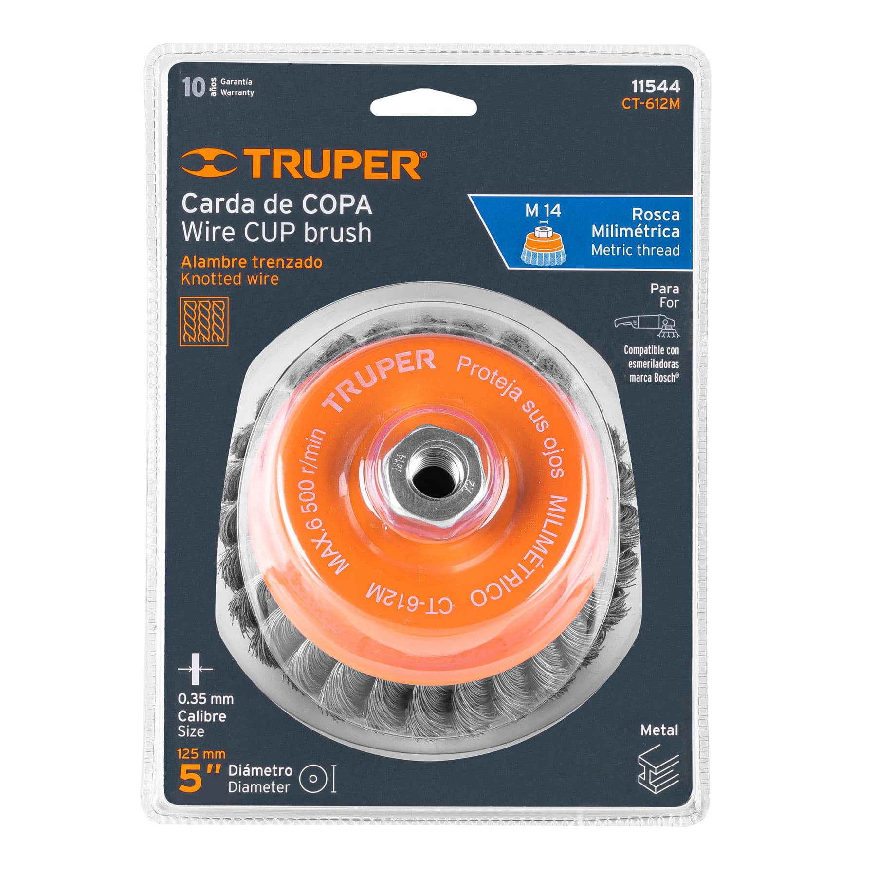 Carda copa 5" alambre trenzado fino, eje M14, TRUPER