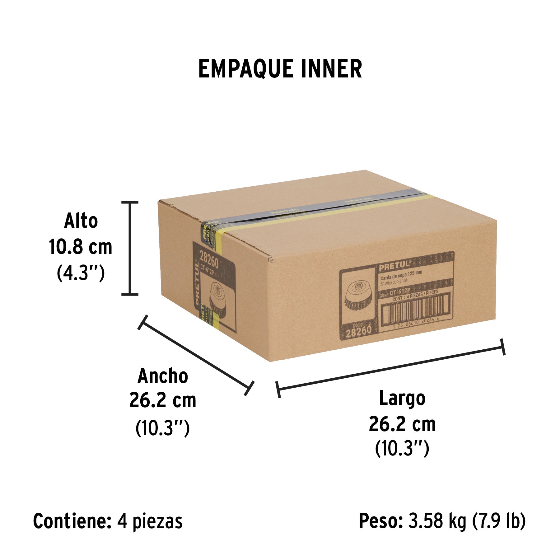 Carda copa 5" alambre trenzado fino, eje 5/8"-11, PRETUL - Empaque