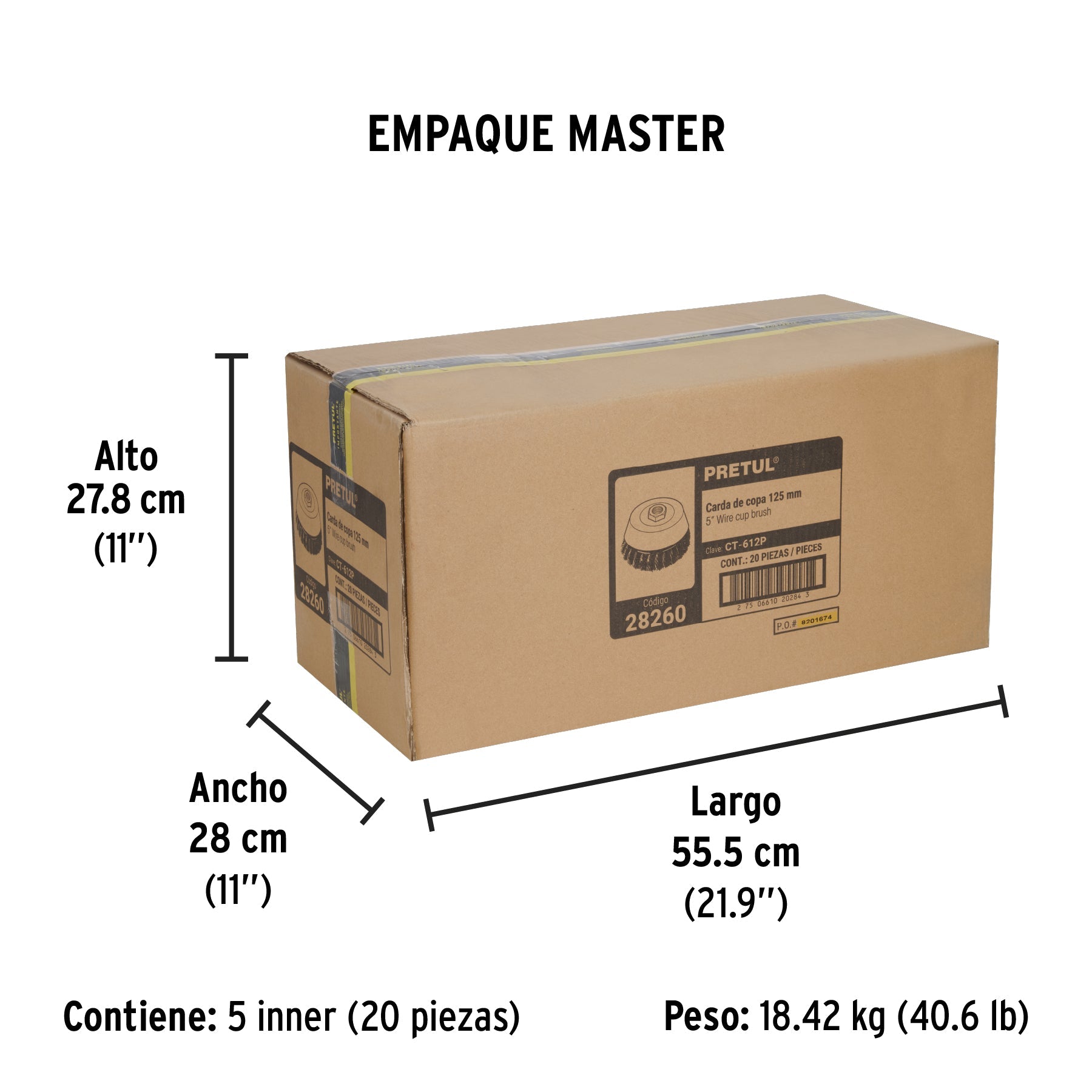 Carda copa 5" alambre trenzado fino, eje 5/8"-11, PRETUL - Empaque
