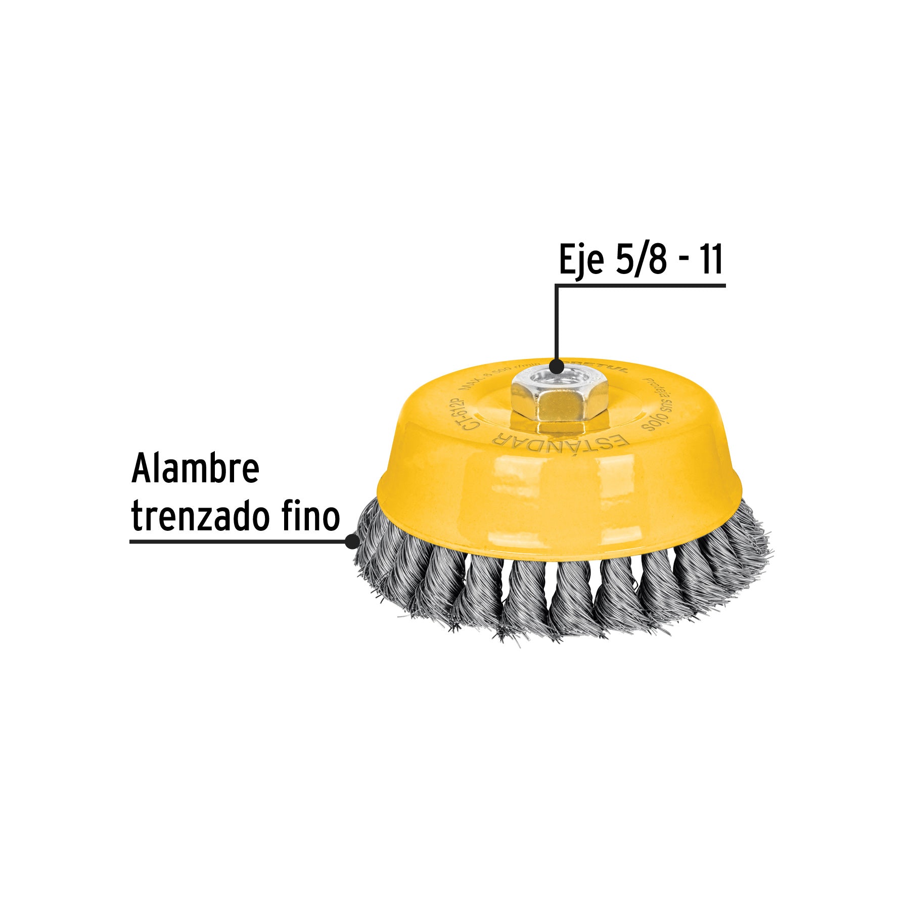 Carda copa 5" alambre trenzado fino, eje 5/8"-11, PRETUL