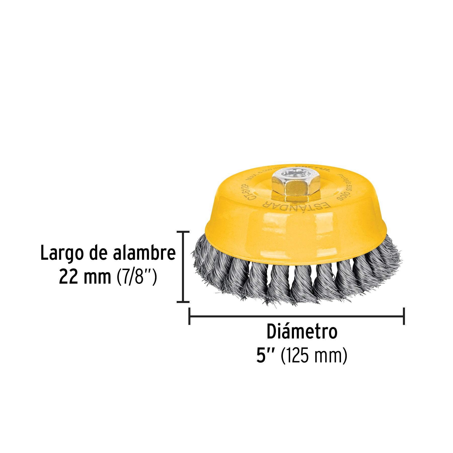 Carda copa 5" alambre trenzado fino, eje 5/8"-11, PRETUL