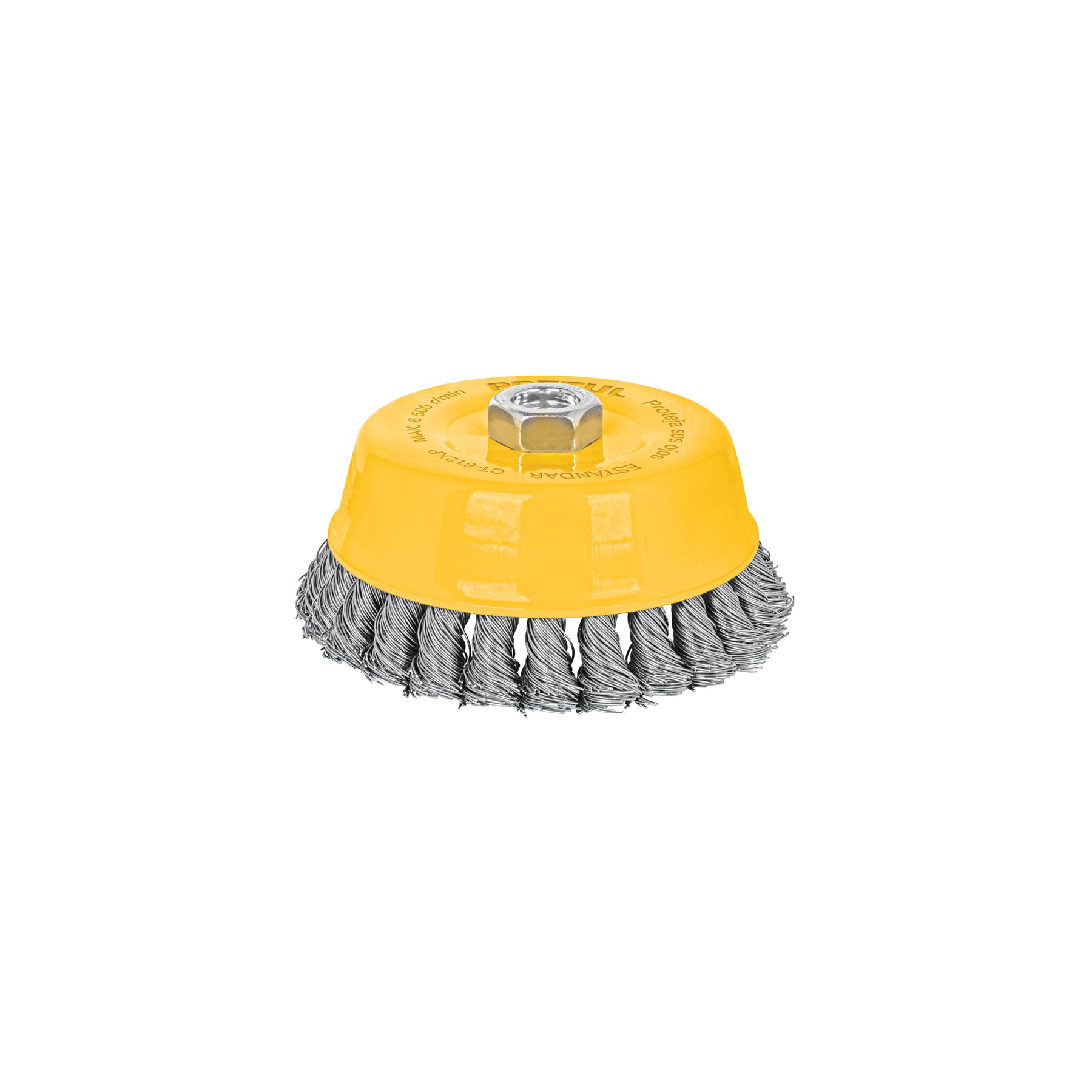 Carda copa 5" alambre trenzado grueso, eje 5/8"-11, PRETUL