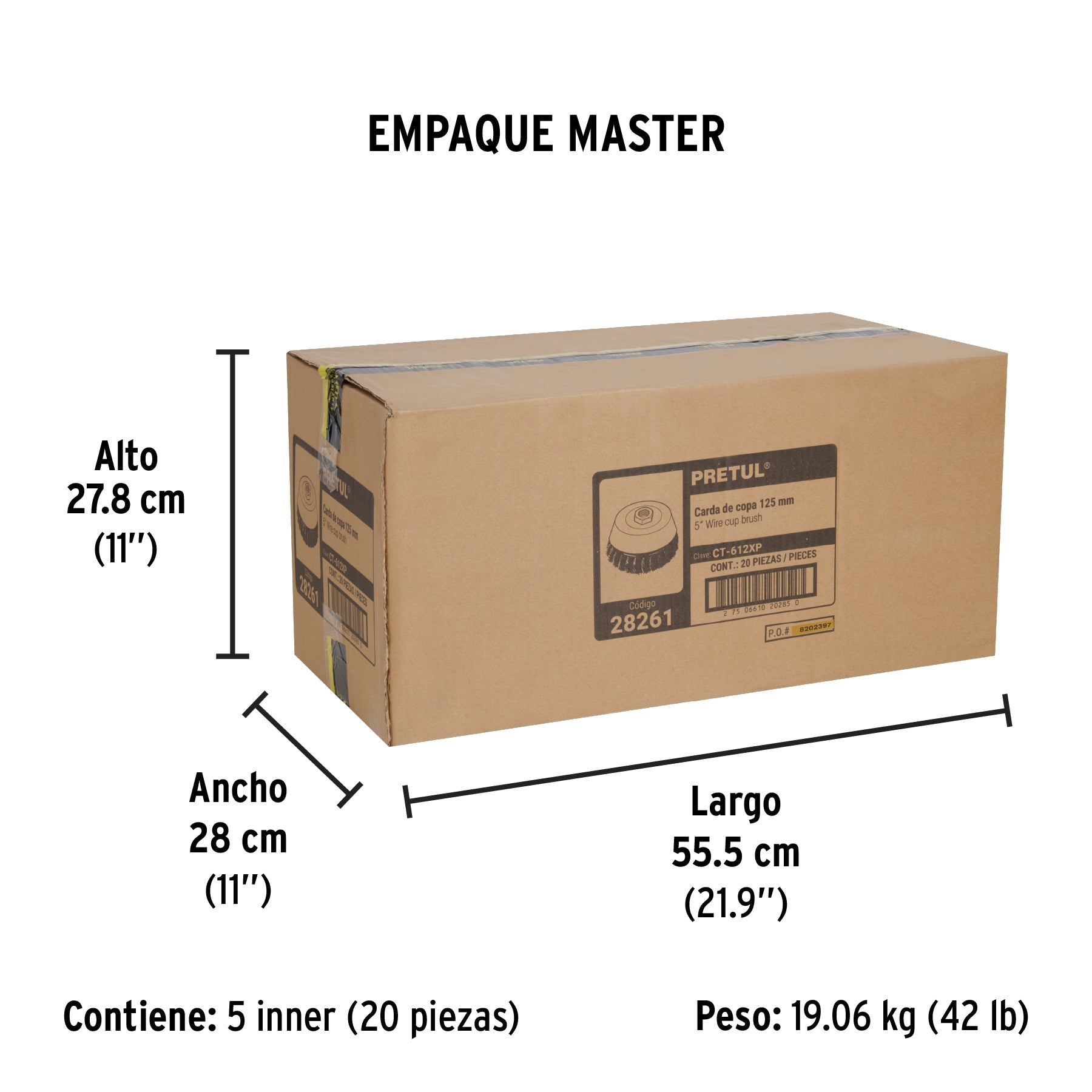 Carda copa 5" alambre trenzado grueso, eje 5/8"-11, PRETUL - Empaque