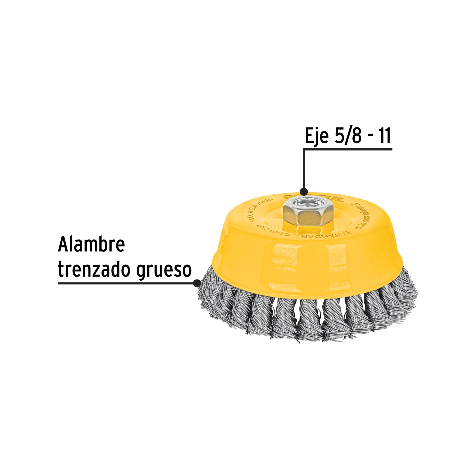 Carda copa 5" alambre trenzado grueso, eje 5/8"-11, PRETUL