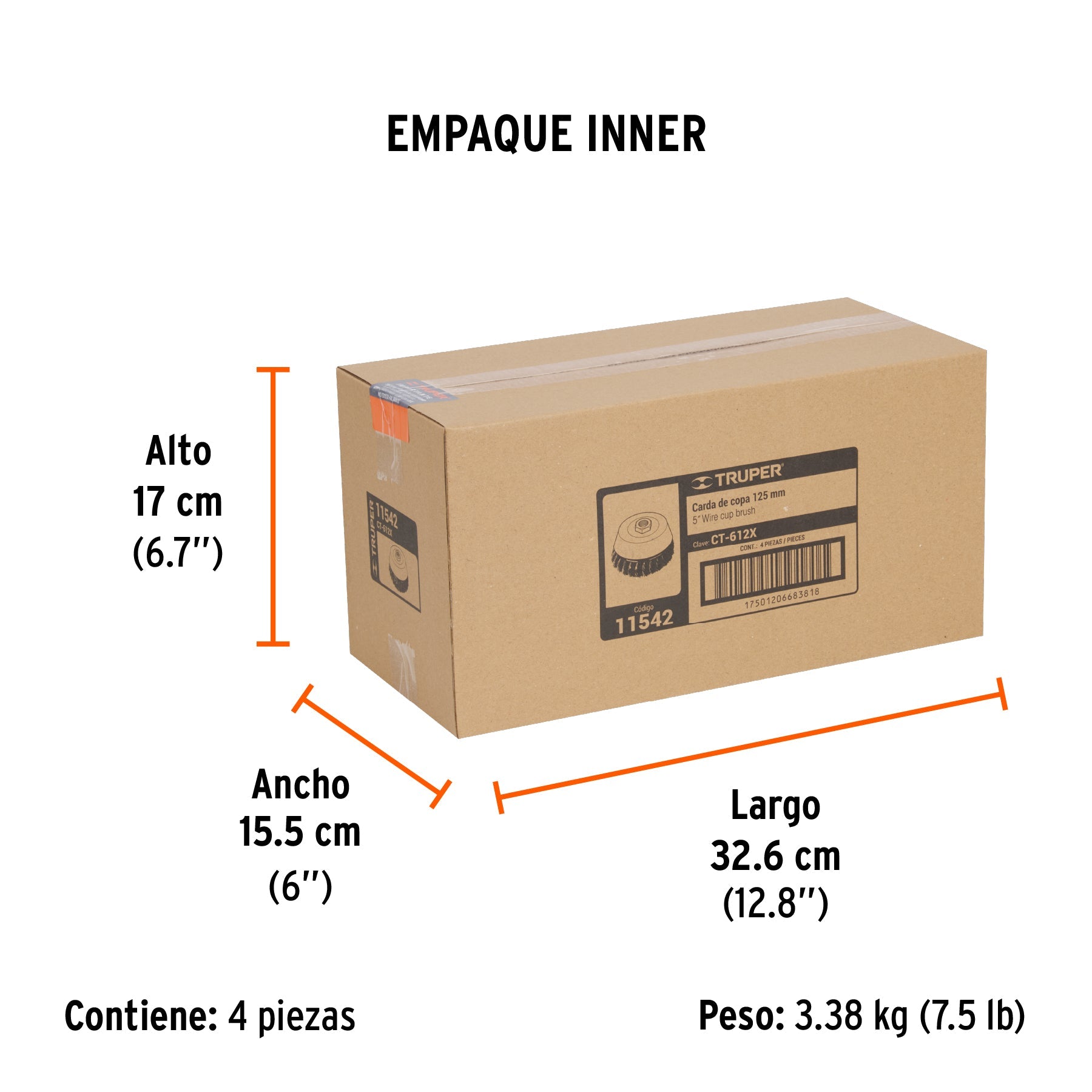 Carda copa 5" alambre trenzado grueso, eje 5/8"-11, TRUPER - Empaque