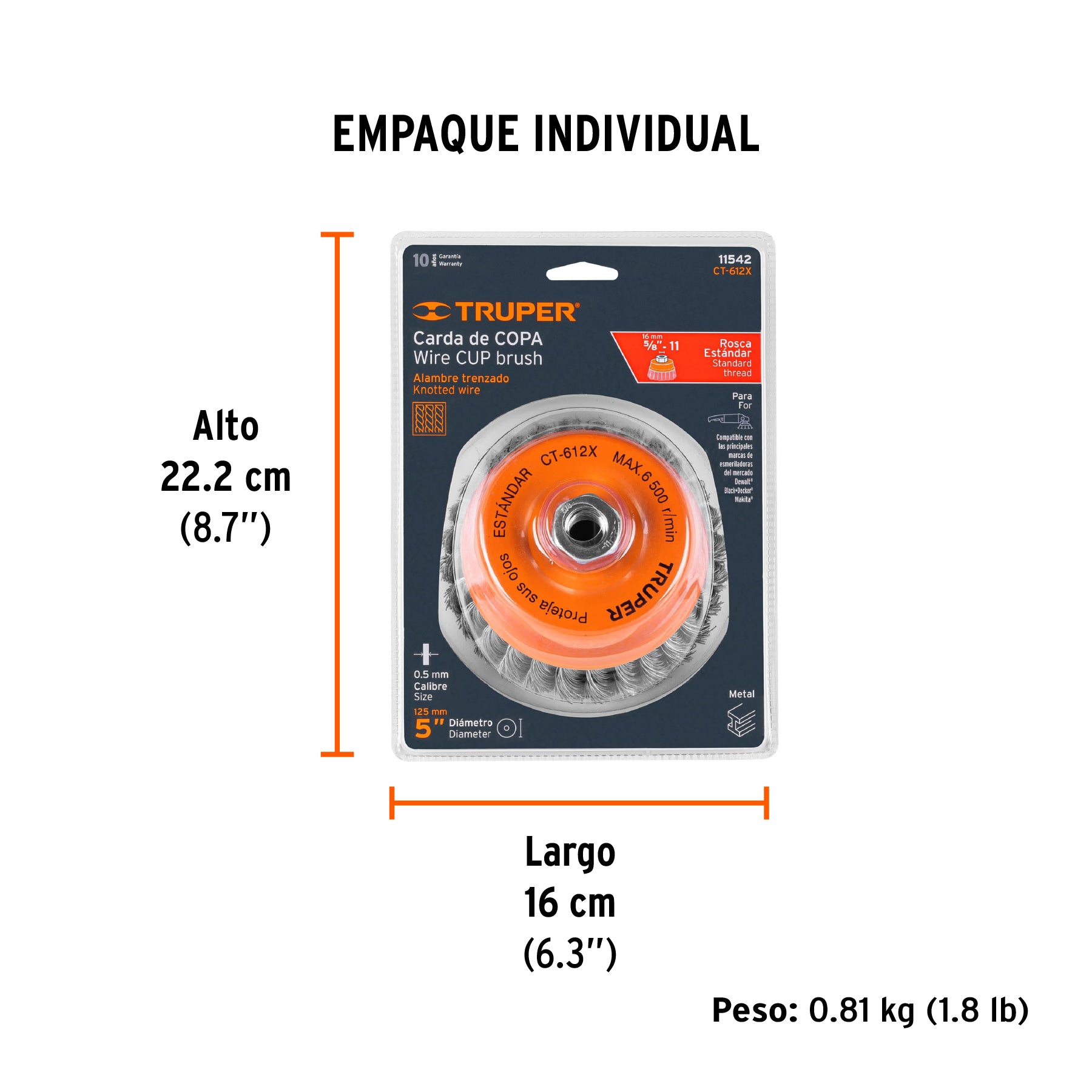 Carda copa 5" alambre trenzado grueso, eje 5/8"-11, TRUPER - Empaque