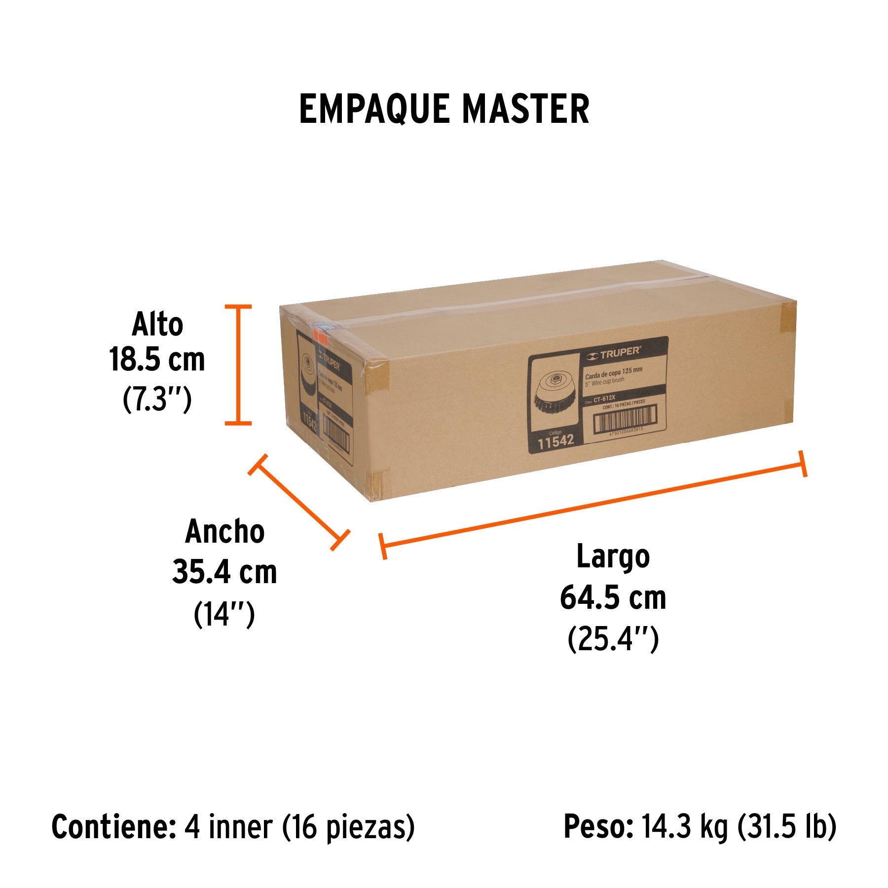 Carda copa 5" alambre trenzado grueso, eje 5/8"-11, TRUPER - Empaque