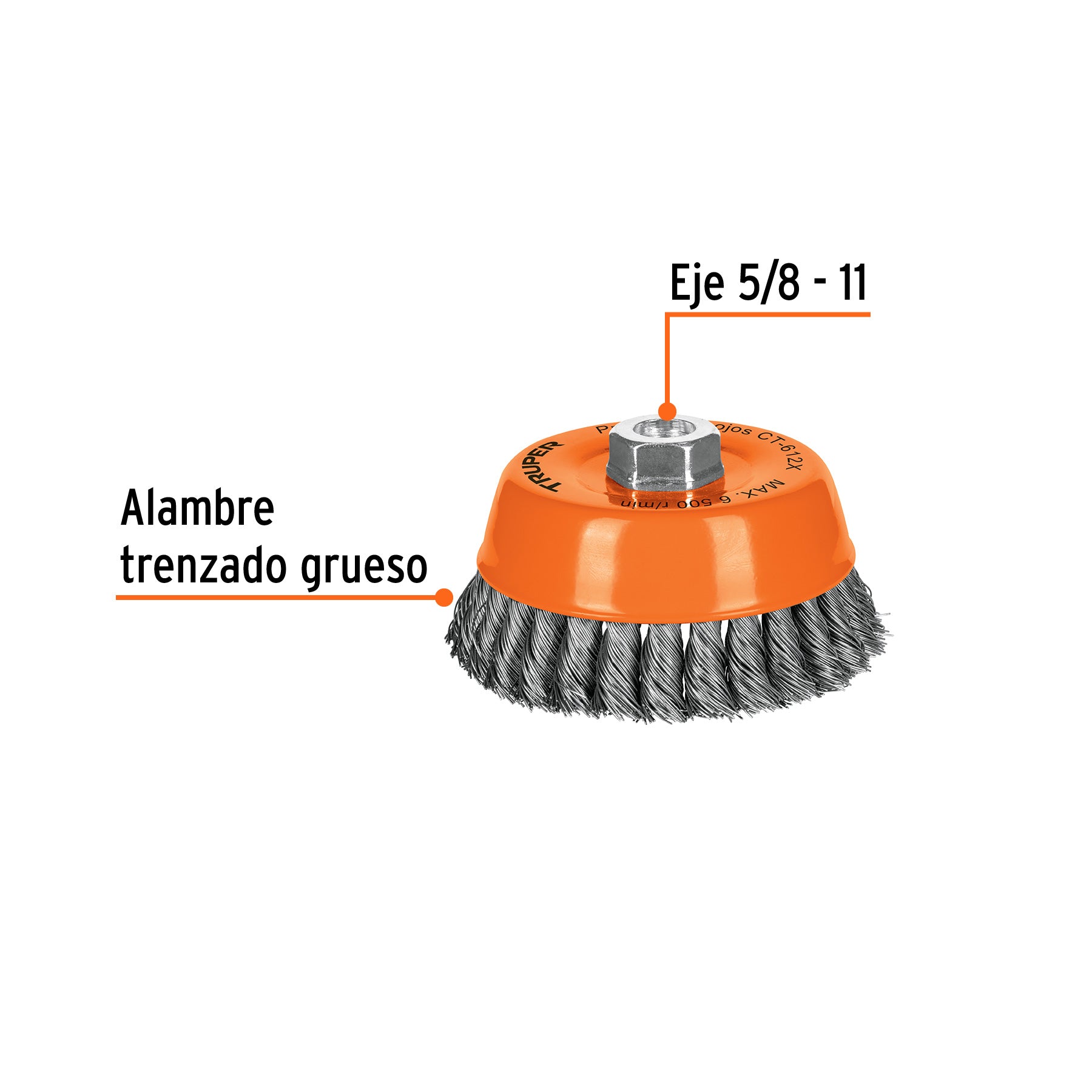 Carda copa 5" alambre trenzado grueso, eje 5/8"-11, TRUPER