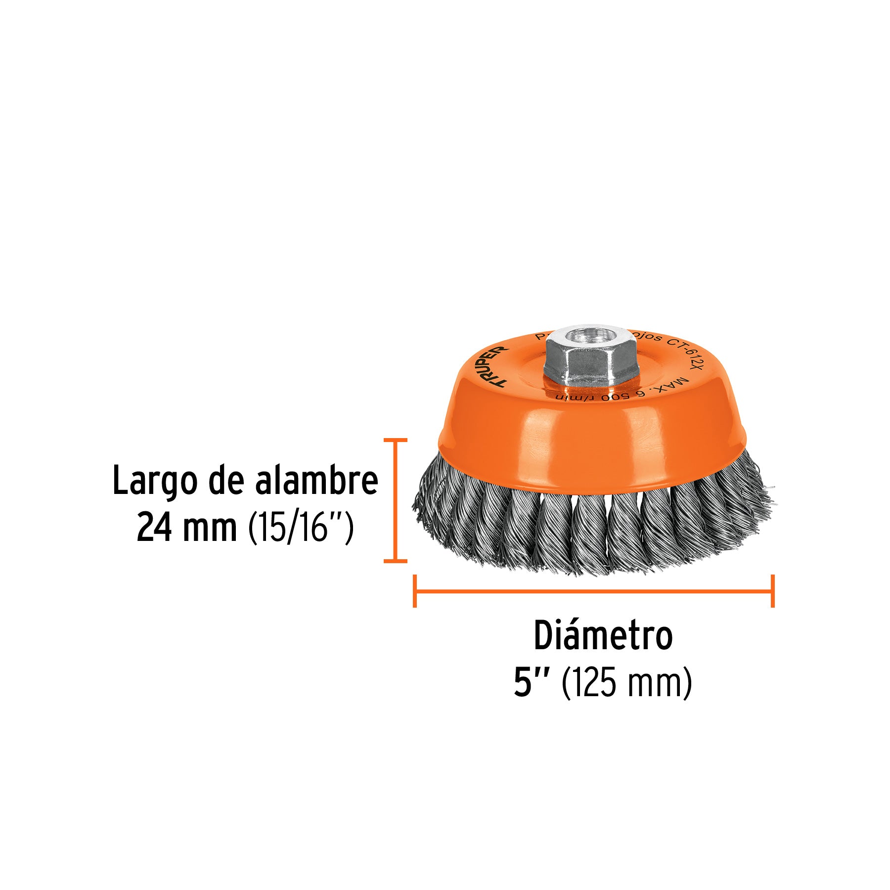 Carda copa 5" alambre trenzado grueso, eje 5/8"-11, TRUPER