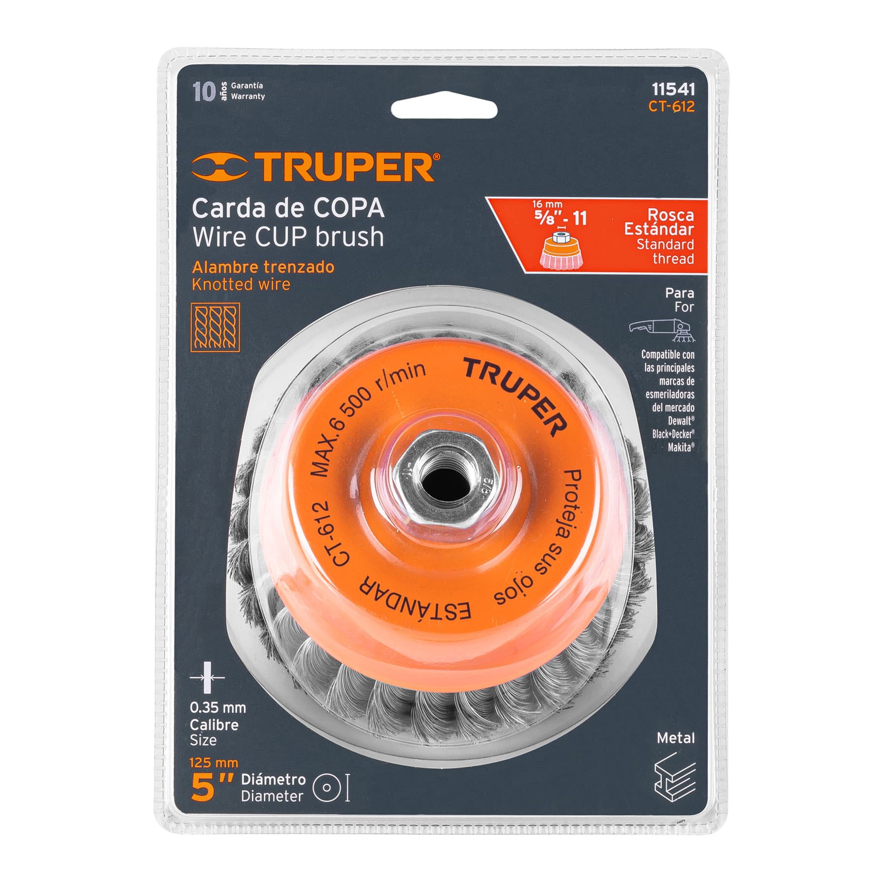 Carda copa 5" alambre trenzado fino, eje 5/8"-11, TRUPER