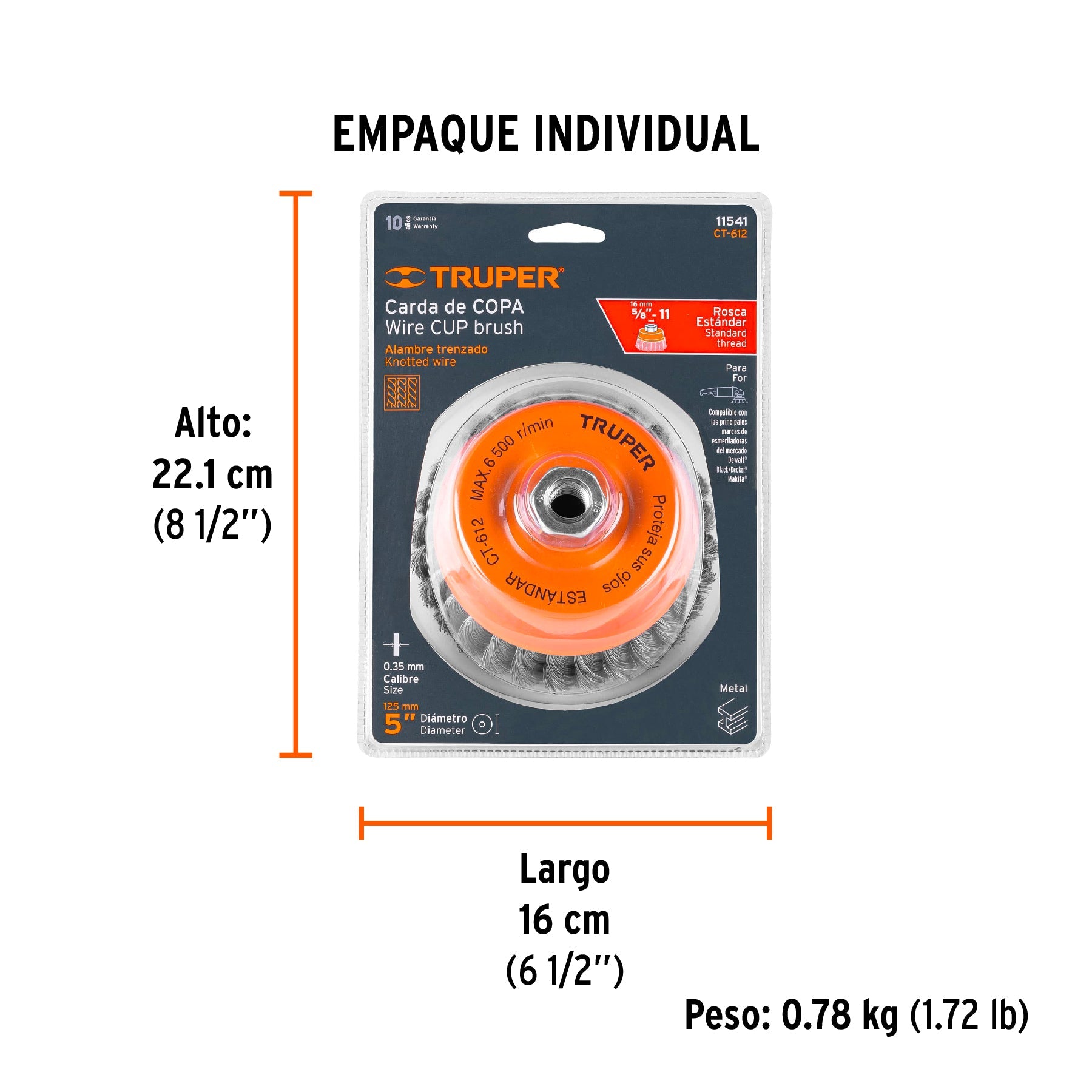 Carda copa 5" alambre trenzado fino, eje 5/8"-11, TRUPER - Empaque