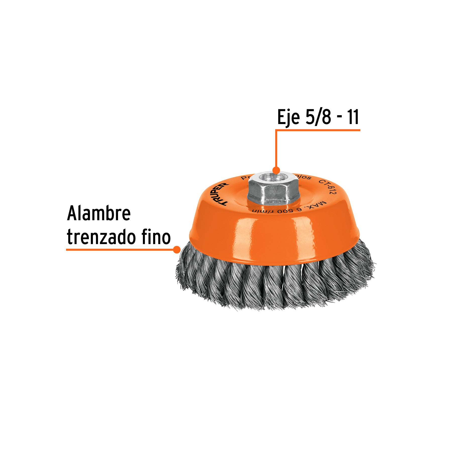 Carda copa 5" alambre trenzado fino, eje 5/8"-11, TRUPER