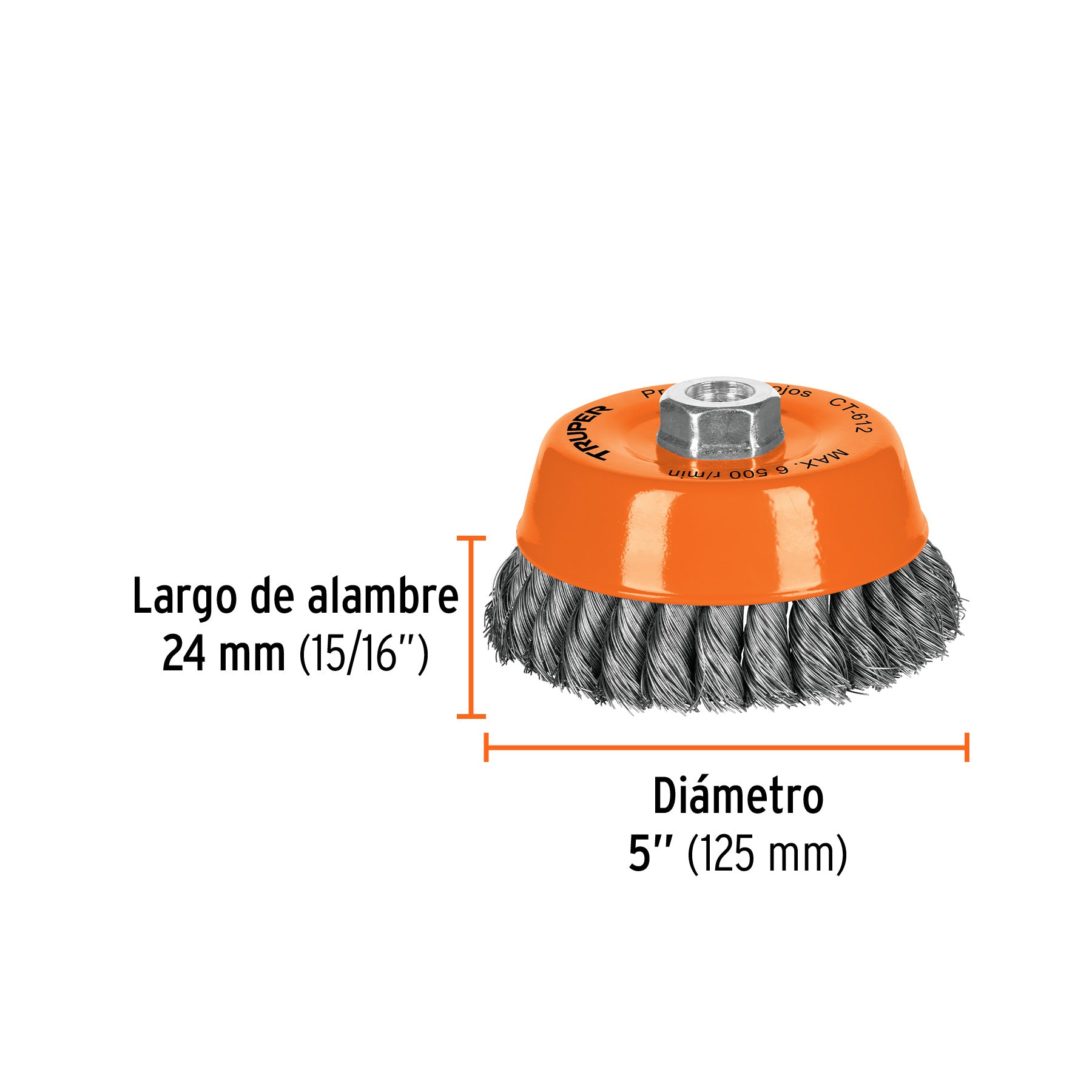 Carda copa 5" alambre trenzado fino, eje 5/8"-11, TRUPER