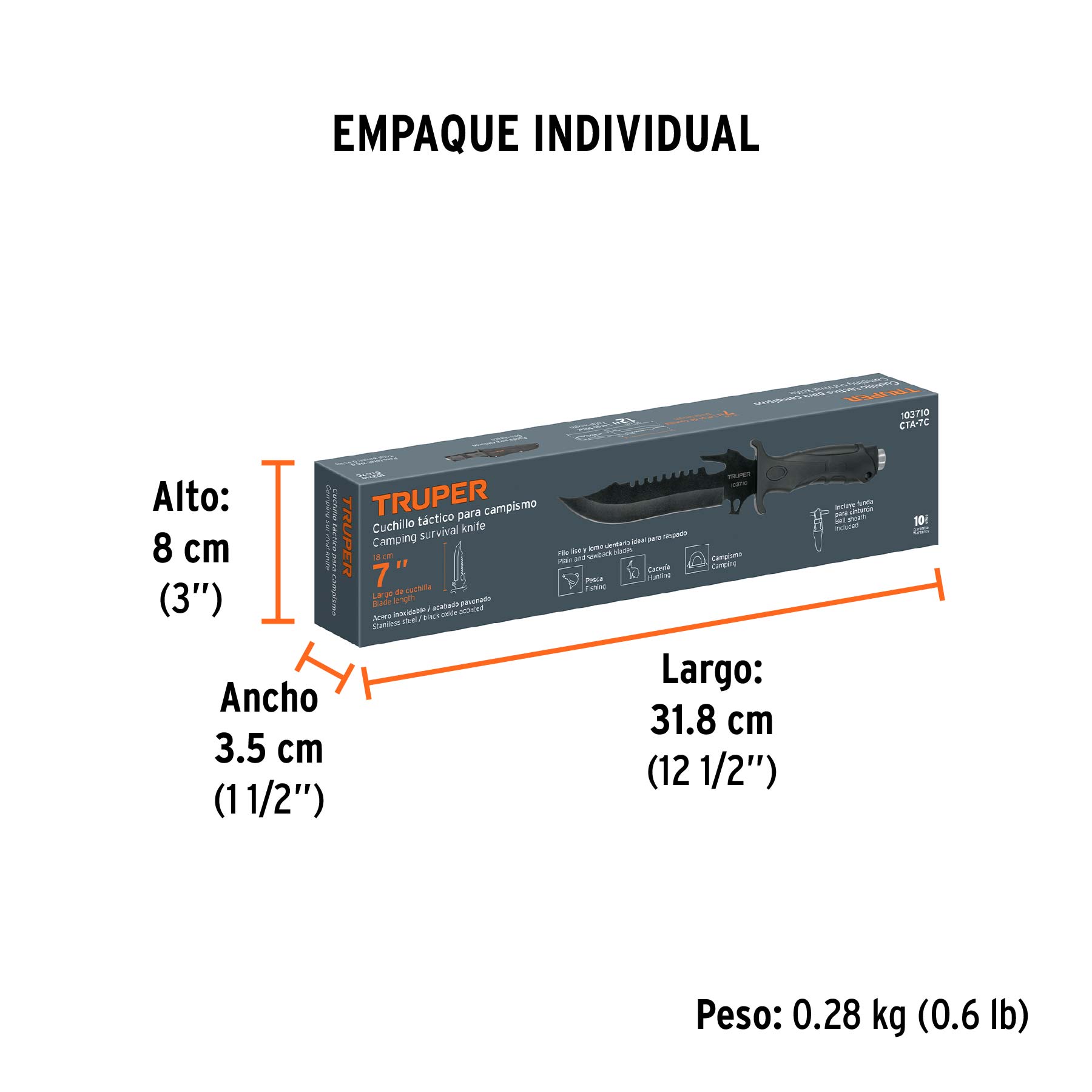 Cuchillo táctico para campismo 7", TRUPER - Empaque