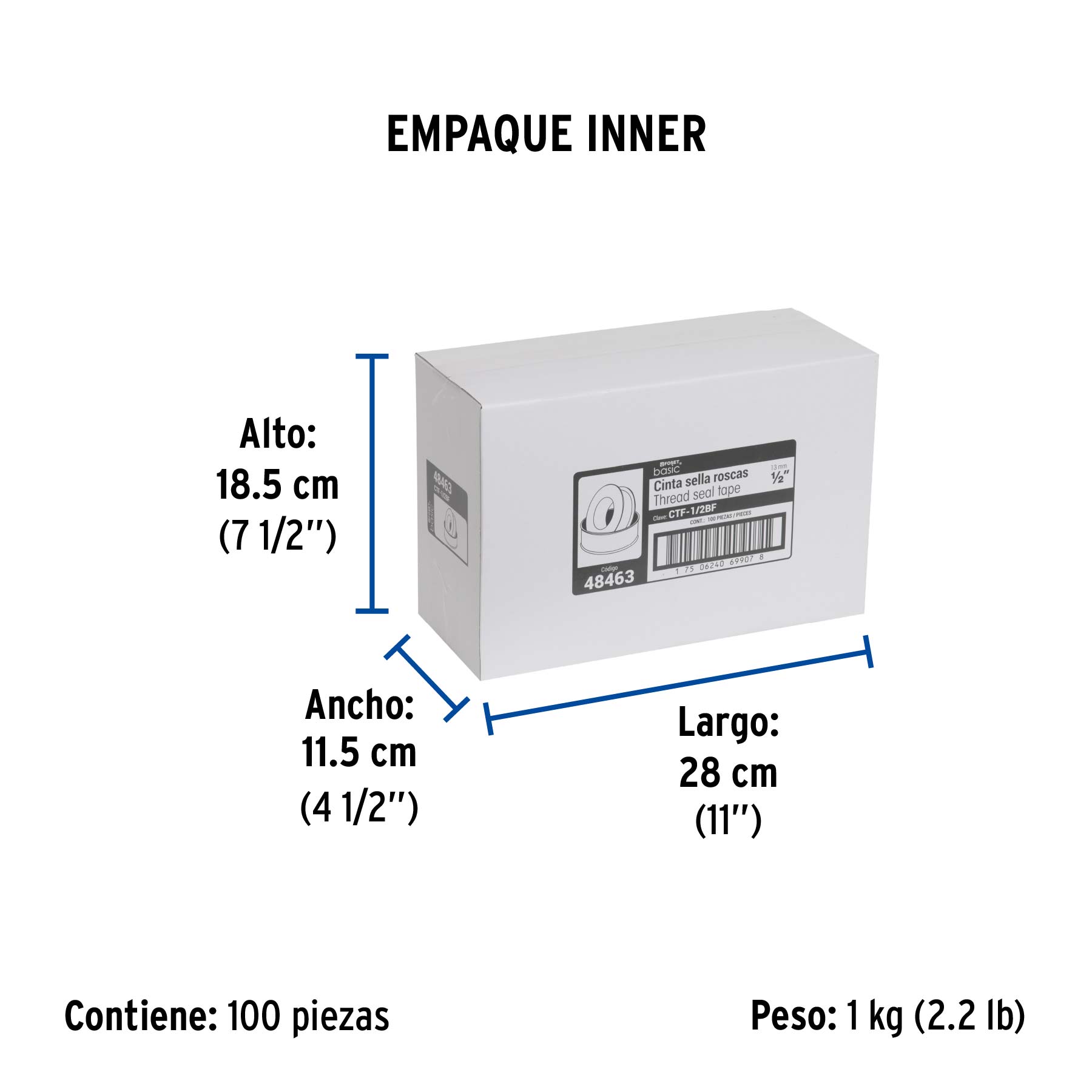 Cinta sella roscas 1/2" x 7m, uso general, FOSET BASIC - Empaque