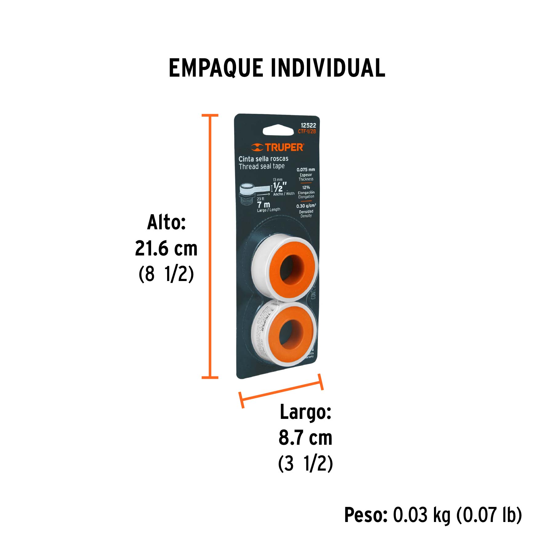 Blíster con 2 cintas sella roscas 1/2" x 7m, uso general - Empaque