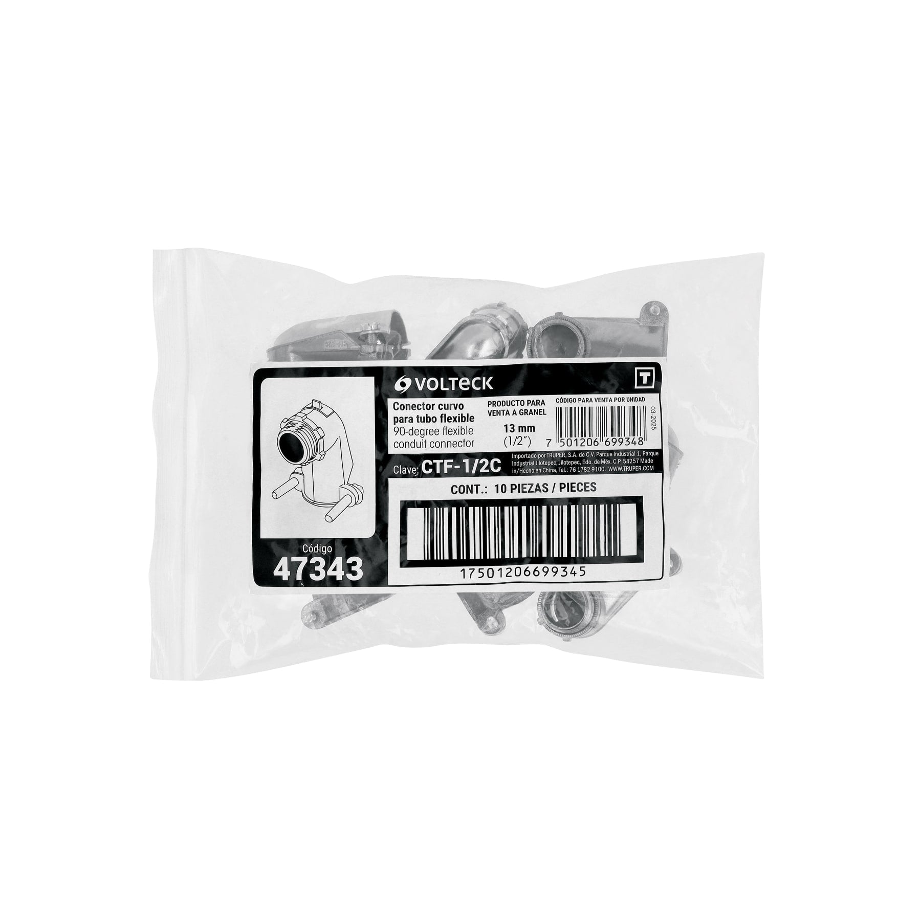 Conector curvo 1/2" para tubo flexible metálico, VOLTECK
