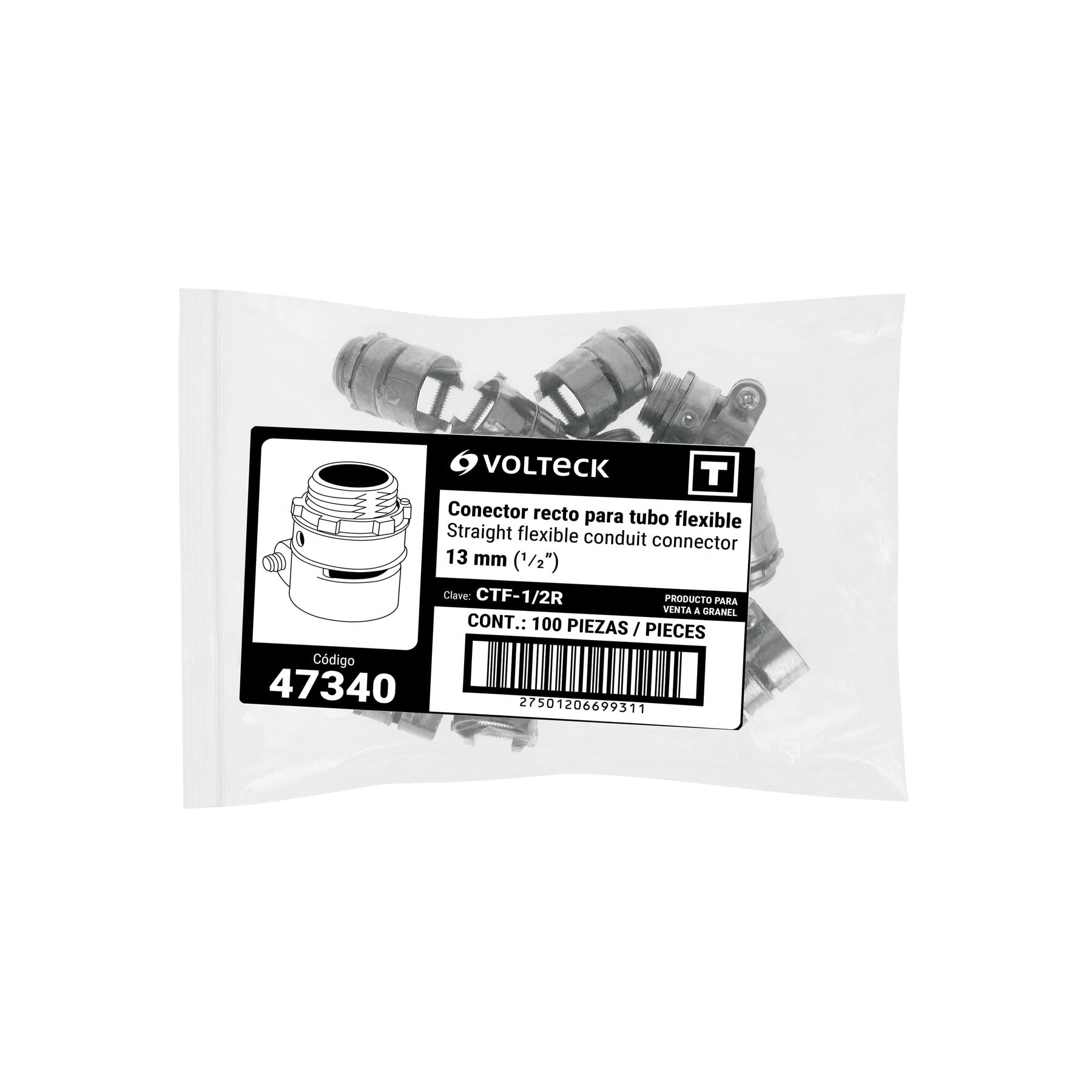 Conector recto 1/2" para tubo flexible metálico, VOLTECK
