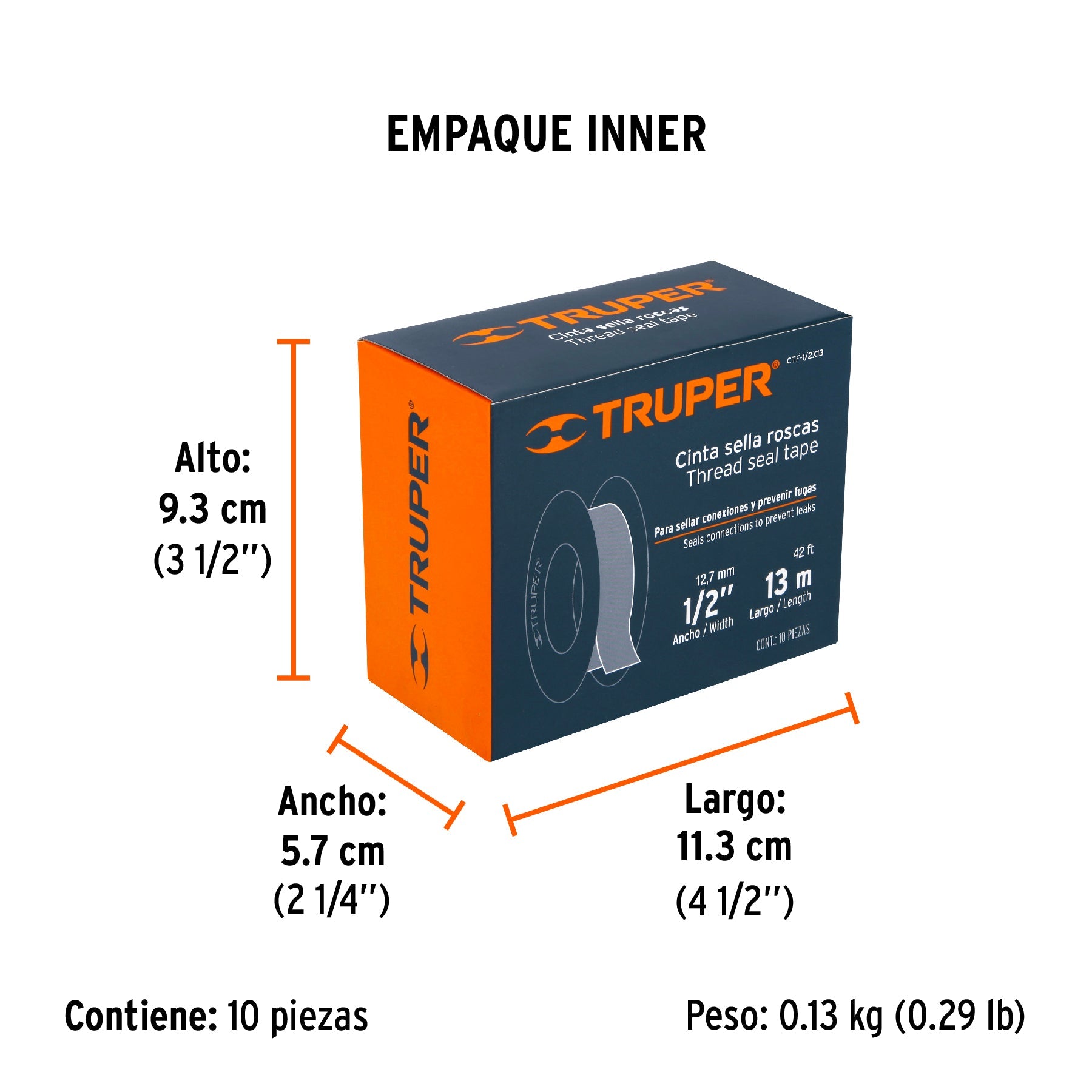 Cinta sella roscas 1/2" x 13m, uso general, TRUPER - Empaque