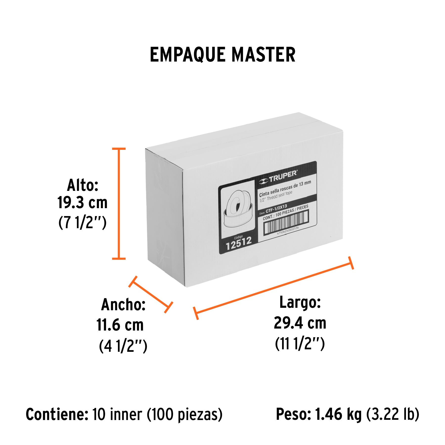 Cinta sella roscas 1/2" x 13m, uso general, TRUPER - Empaque