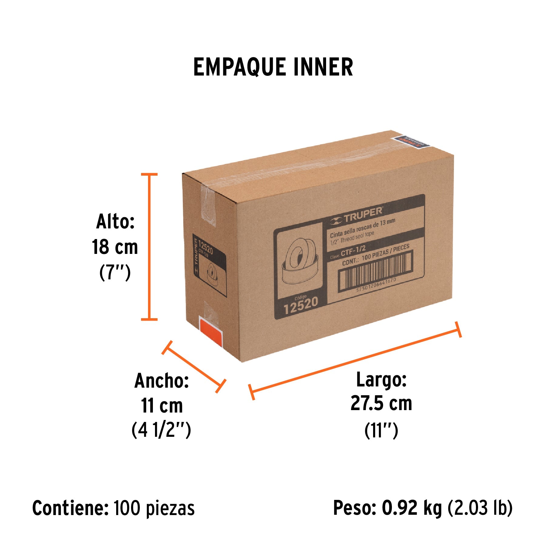 Cinta sella roscas 1/2" x 7m, uso general, TRUPER - Empaque