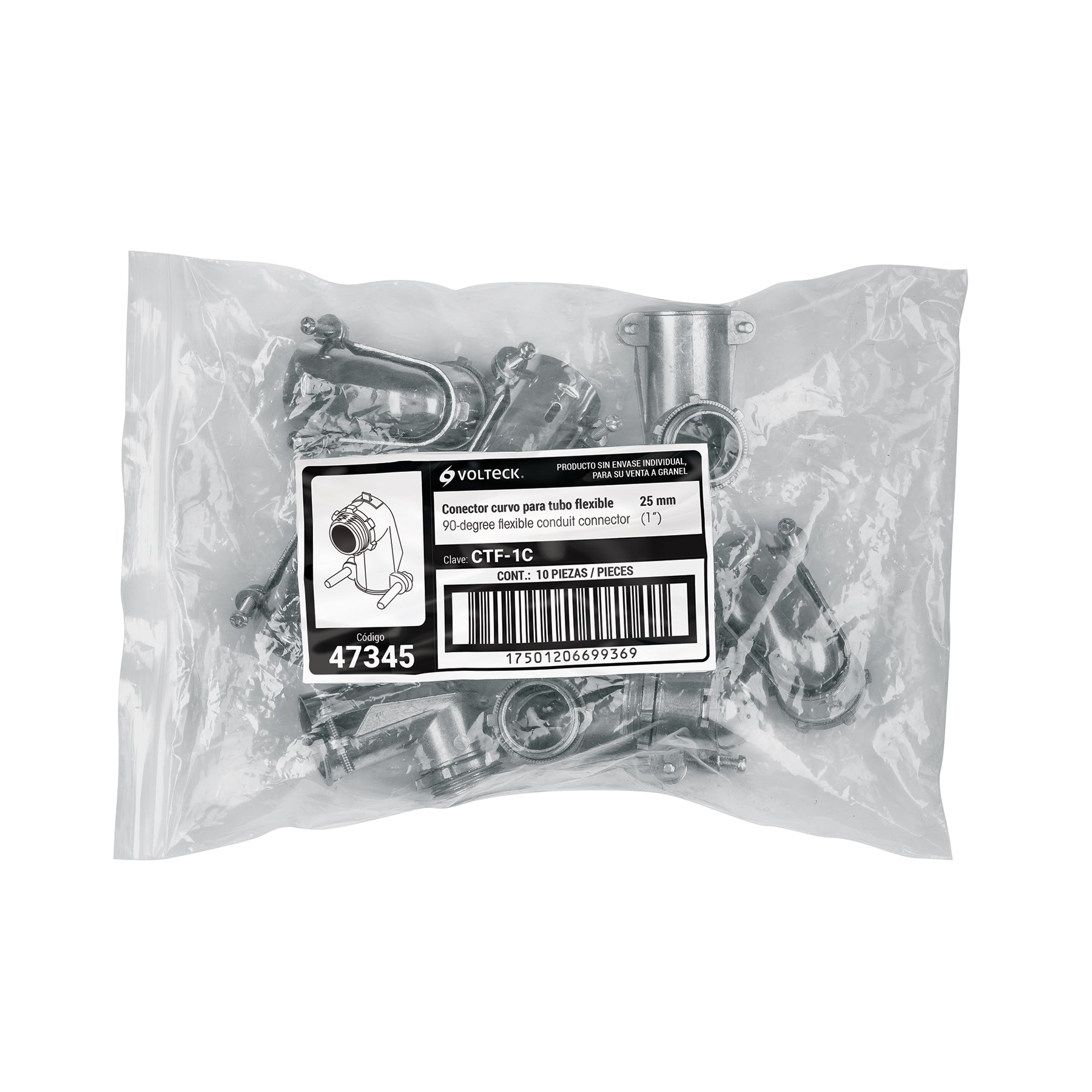 Conector curvo 1" para tubo flexible metálico, VOLTECK