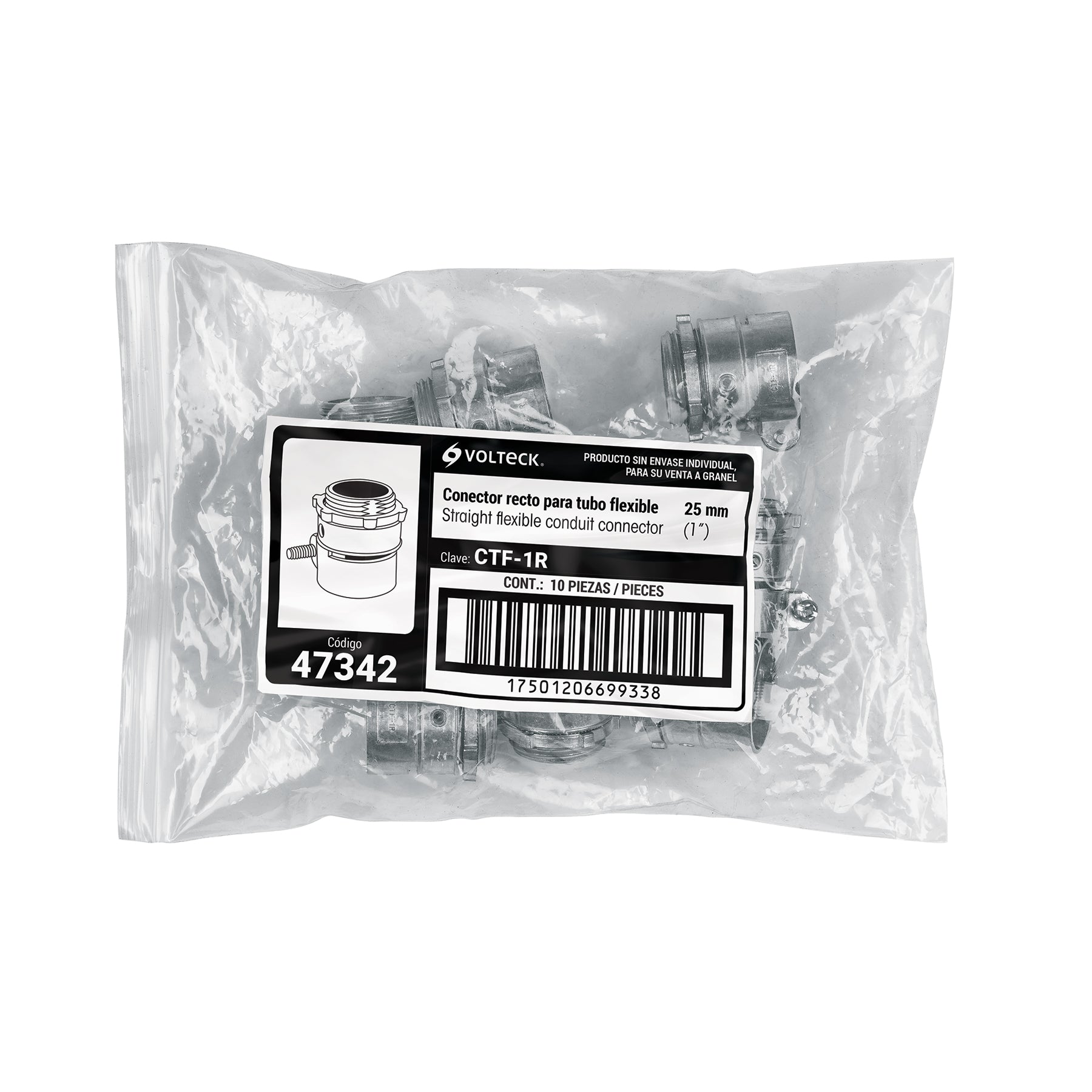 Conector recto 1" para tubo flexible metálico, VOLTECK