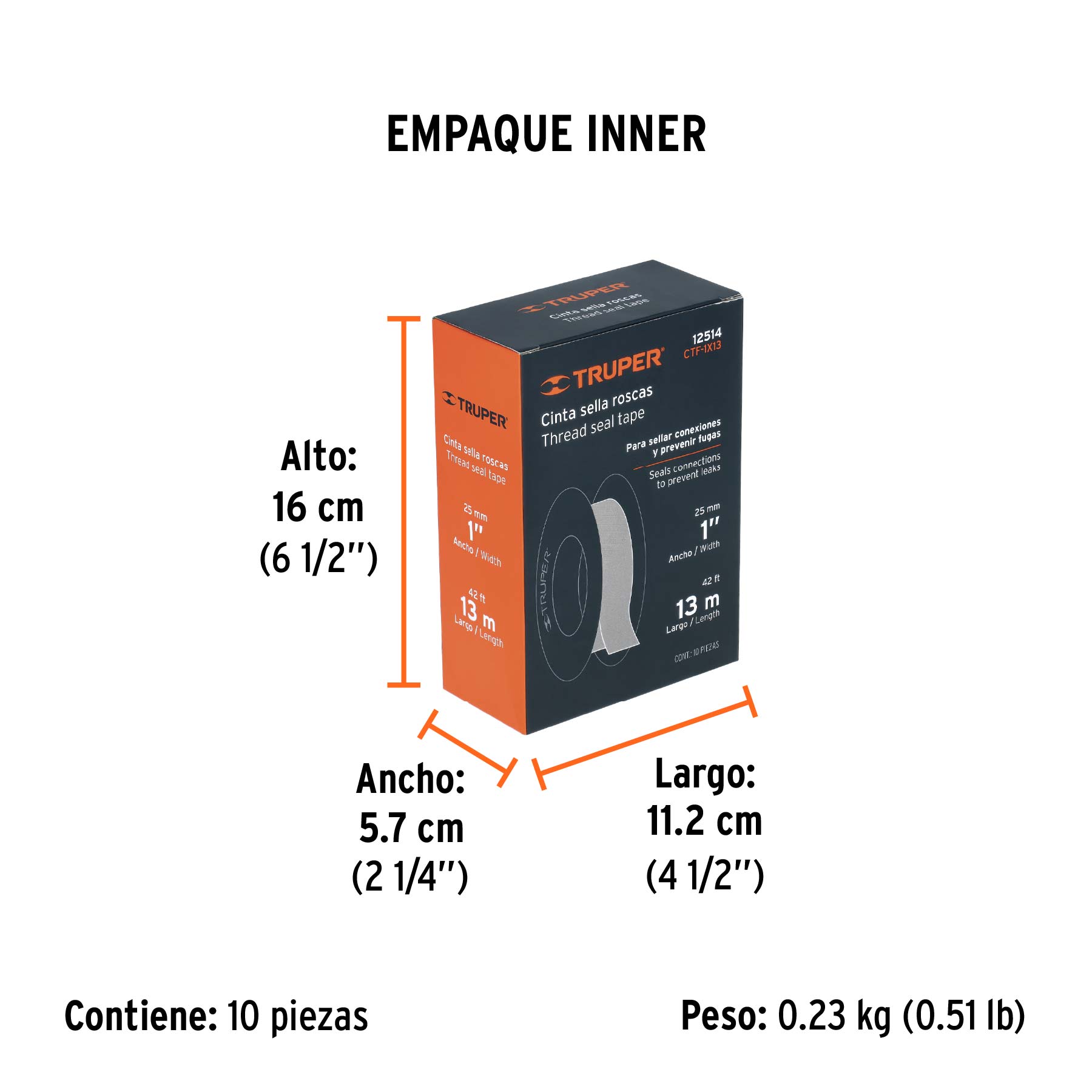 Cinta sella roscas 1" x 13m, uso general, TRUPER - Empaque