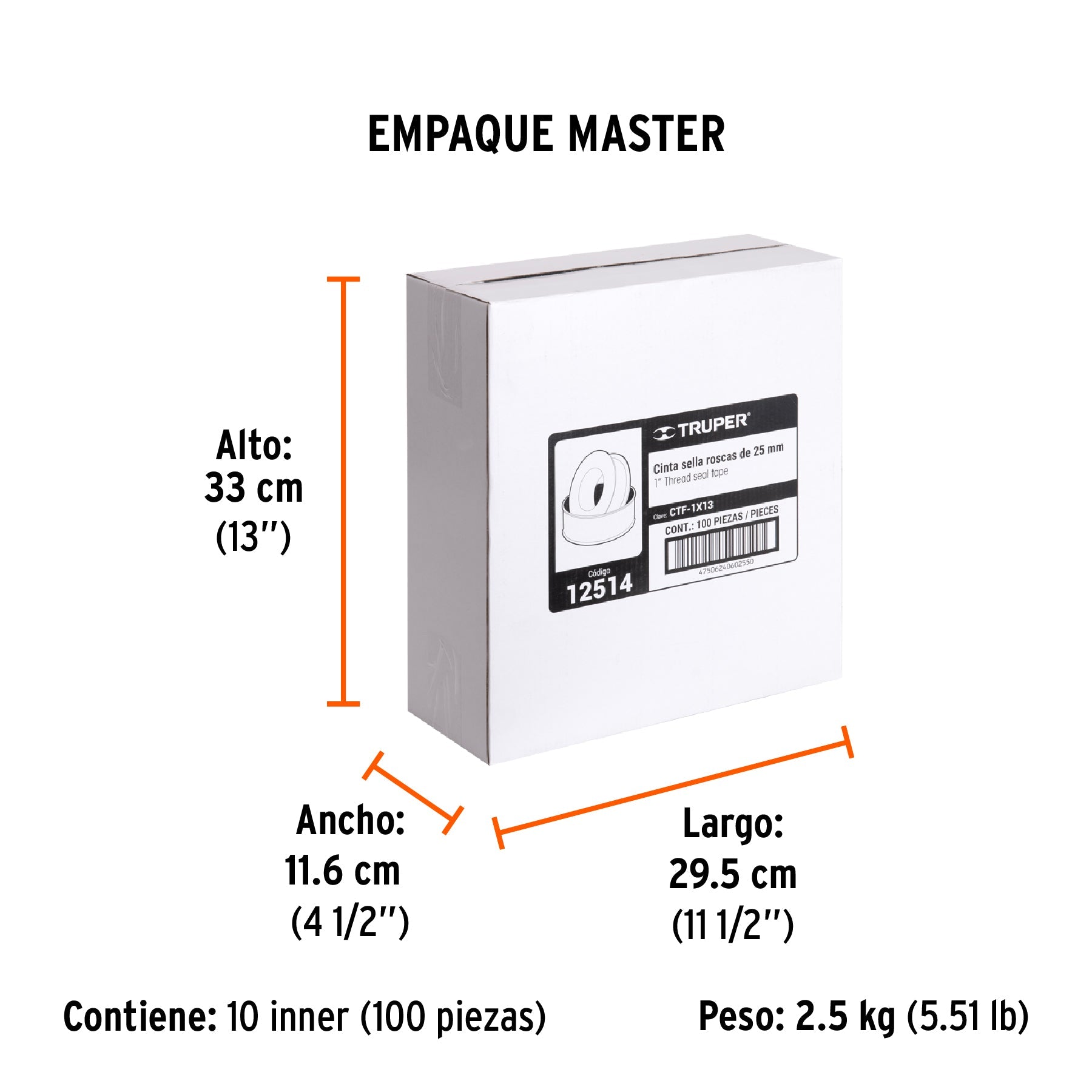 Cinta sella roscas 1" x 13m, uso general, TRUPER - Empaque