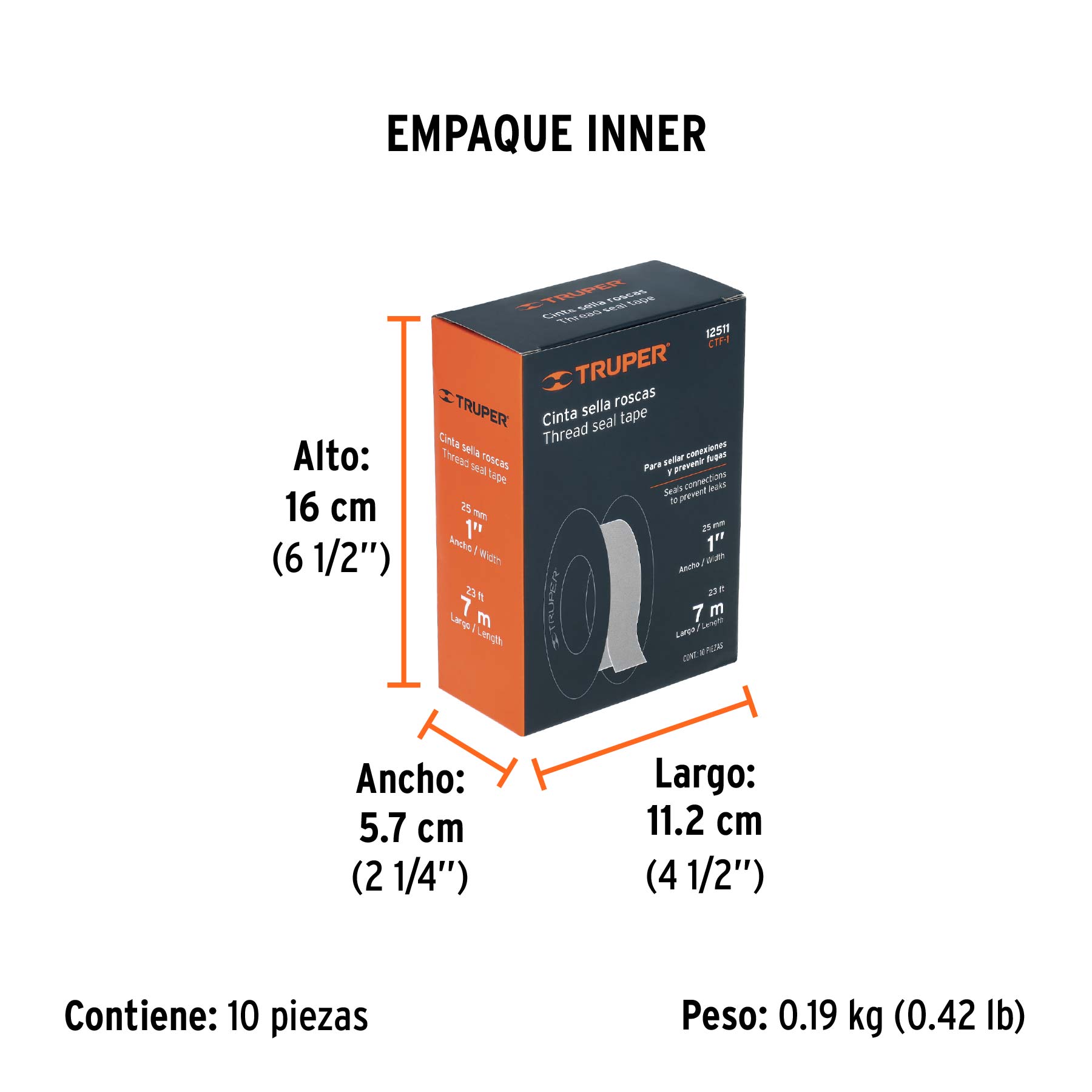 Cinta sella roscas 1" x 7m, uso general, TRUPER - Empaque