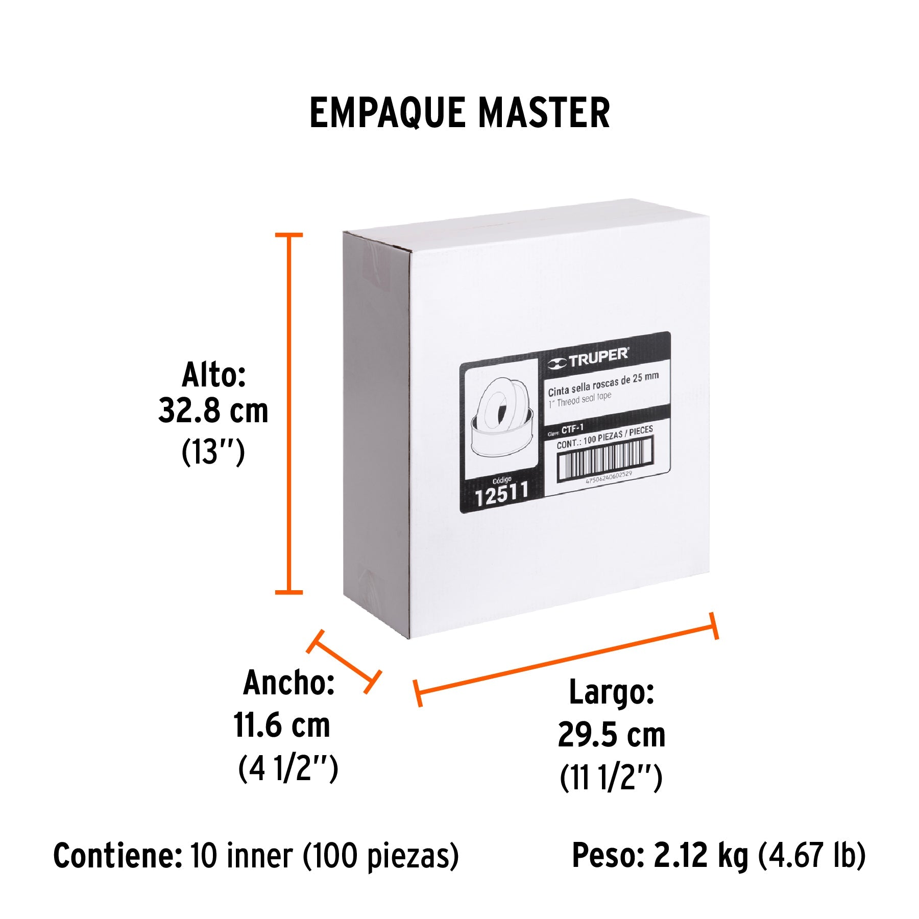 Cinta sella roscas 1" x 7m, uso general, TRUPER - Empaque