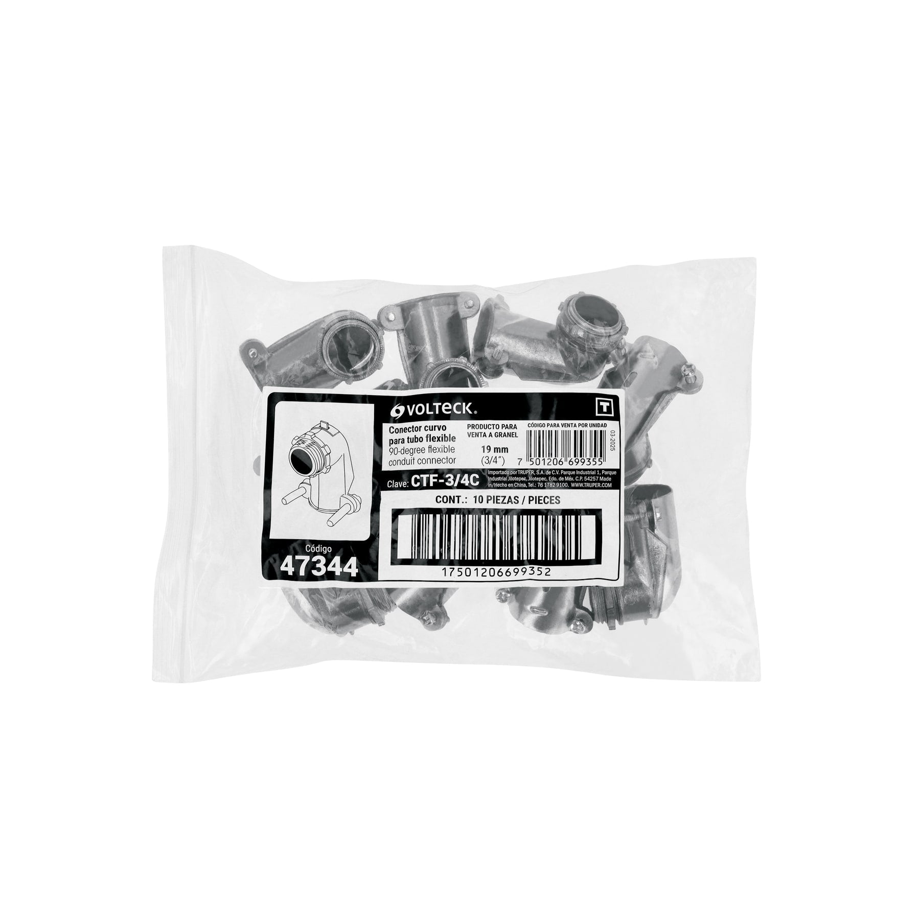 Conector curvo 3/4" para tubo flexible metálico, VOLTECK