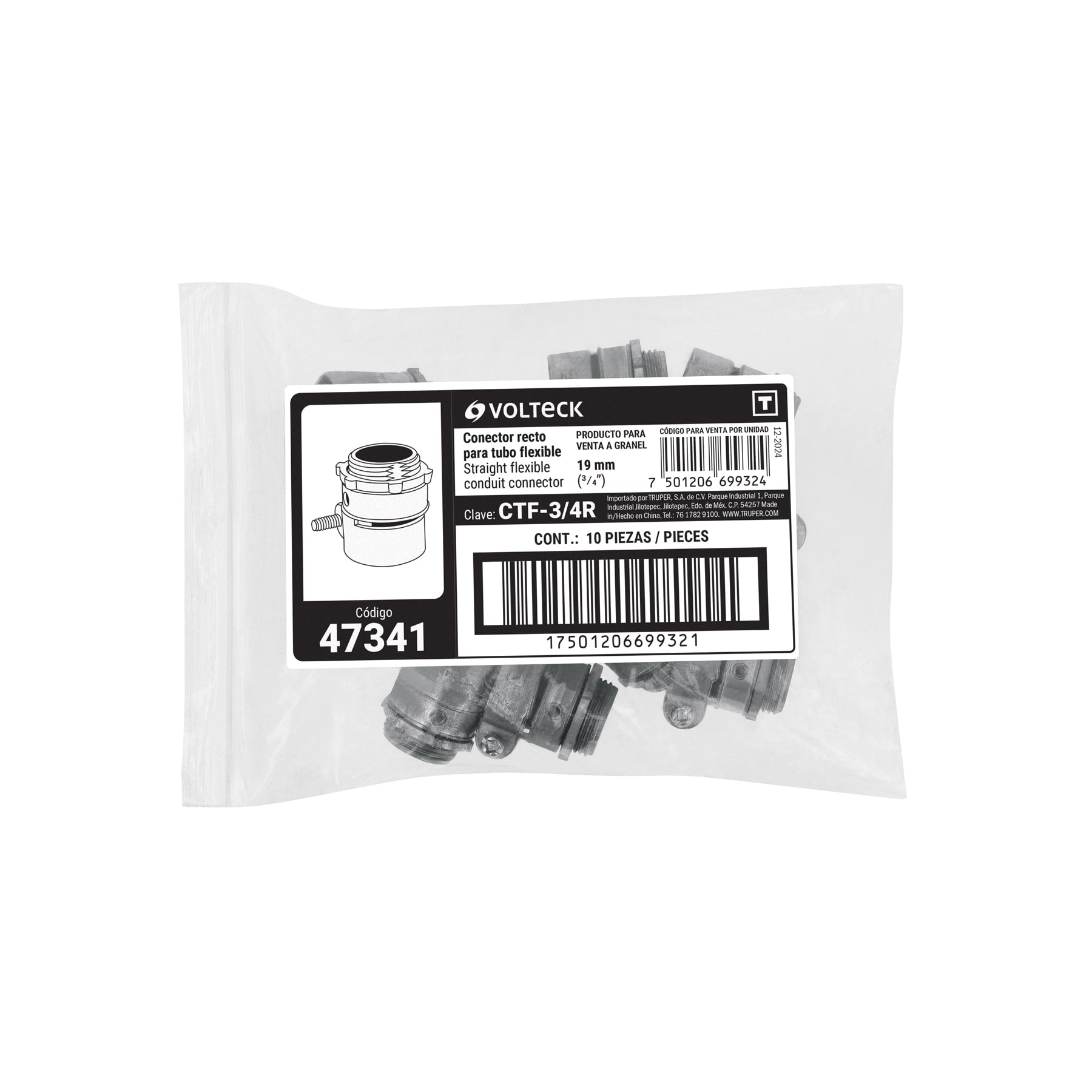 Conector recto 3/4" para tubo flexible metálico, VOLTECK