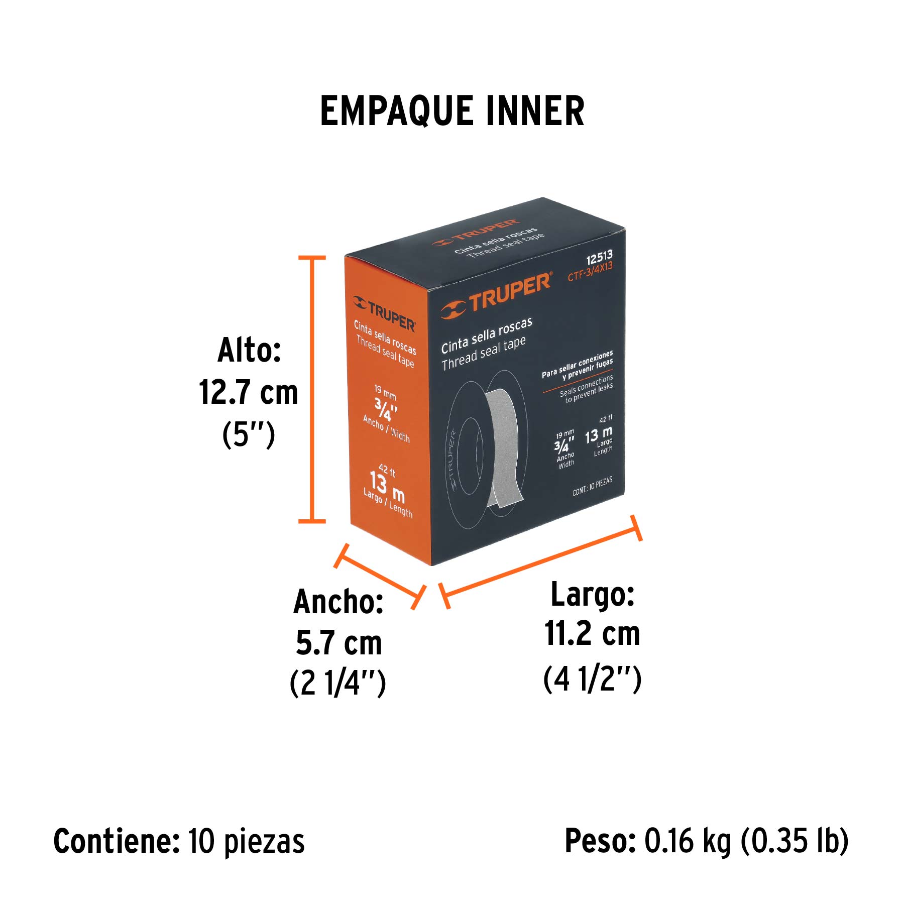 Cinta sella roscas 3/4" x 13m, uso general, TRUPER - Empaque