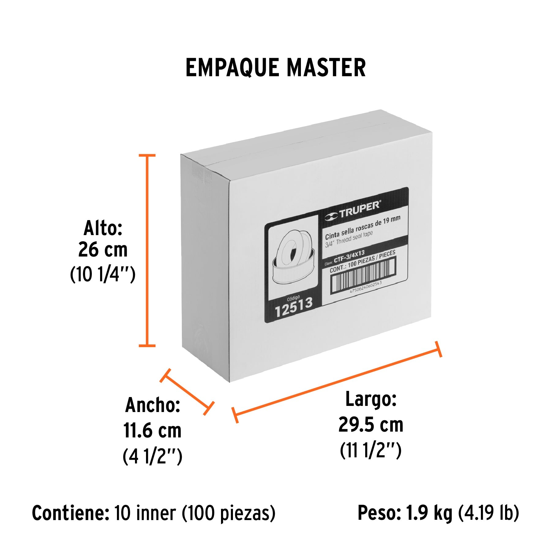 Cinta sella roscas 3/4" x 13m, uso general, TRUPER - Empaque