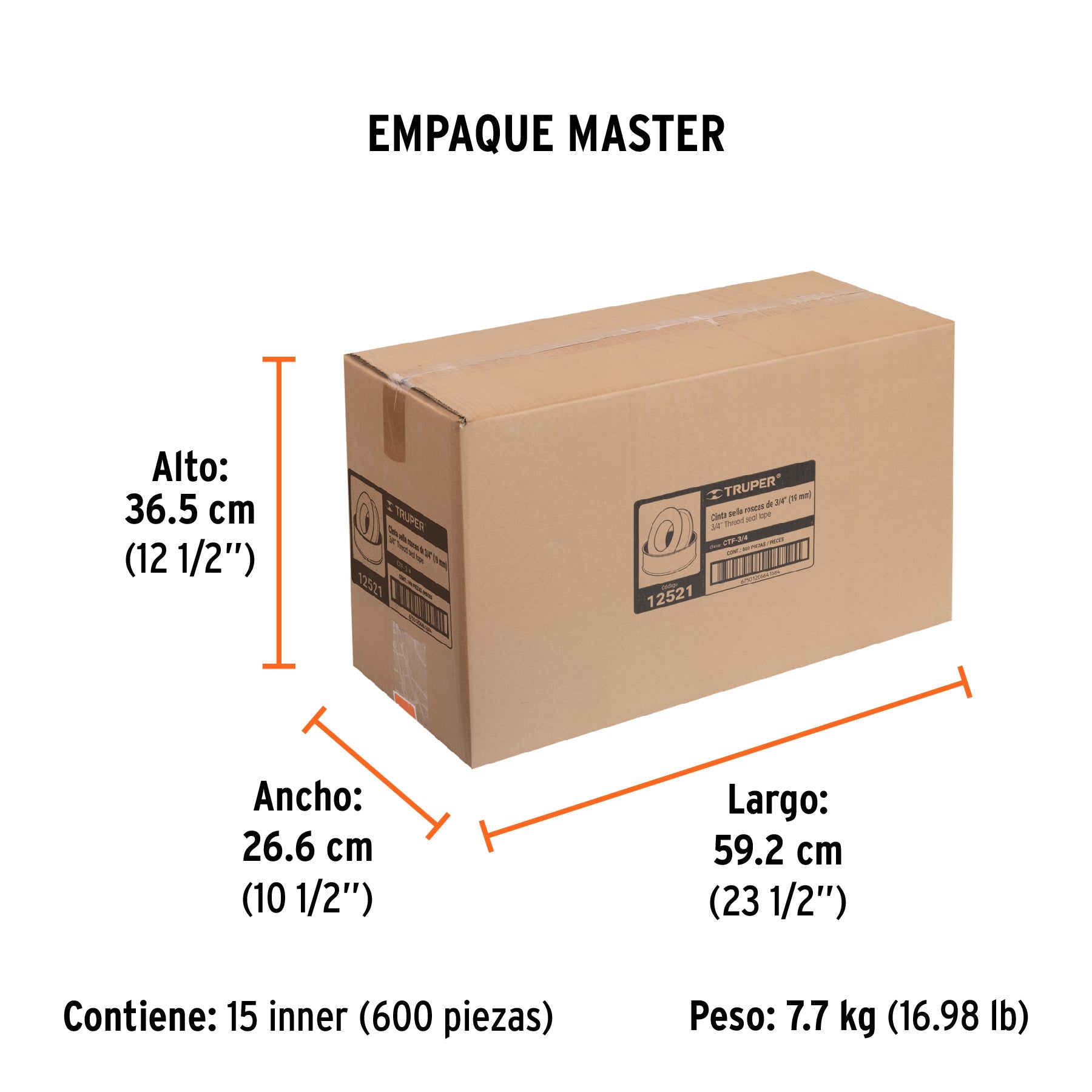 Cinta sella roscas 3/4" x 7m, uso general, TRUPER - Empaque