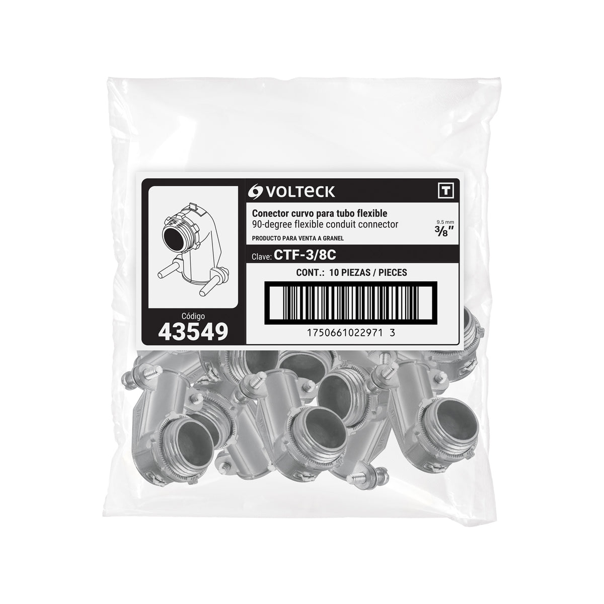 Conector curvo 3/8" para tubo flexible metálico, VOLTECK