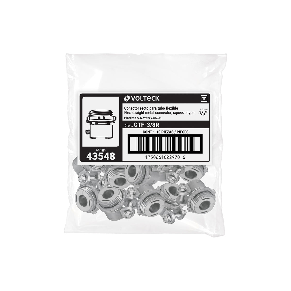 Conector recto 3/8" para tubo flexible metálico, VOLTECK