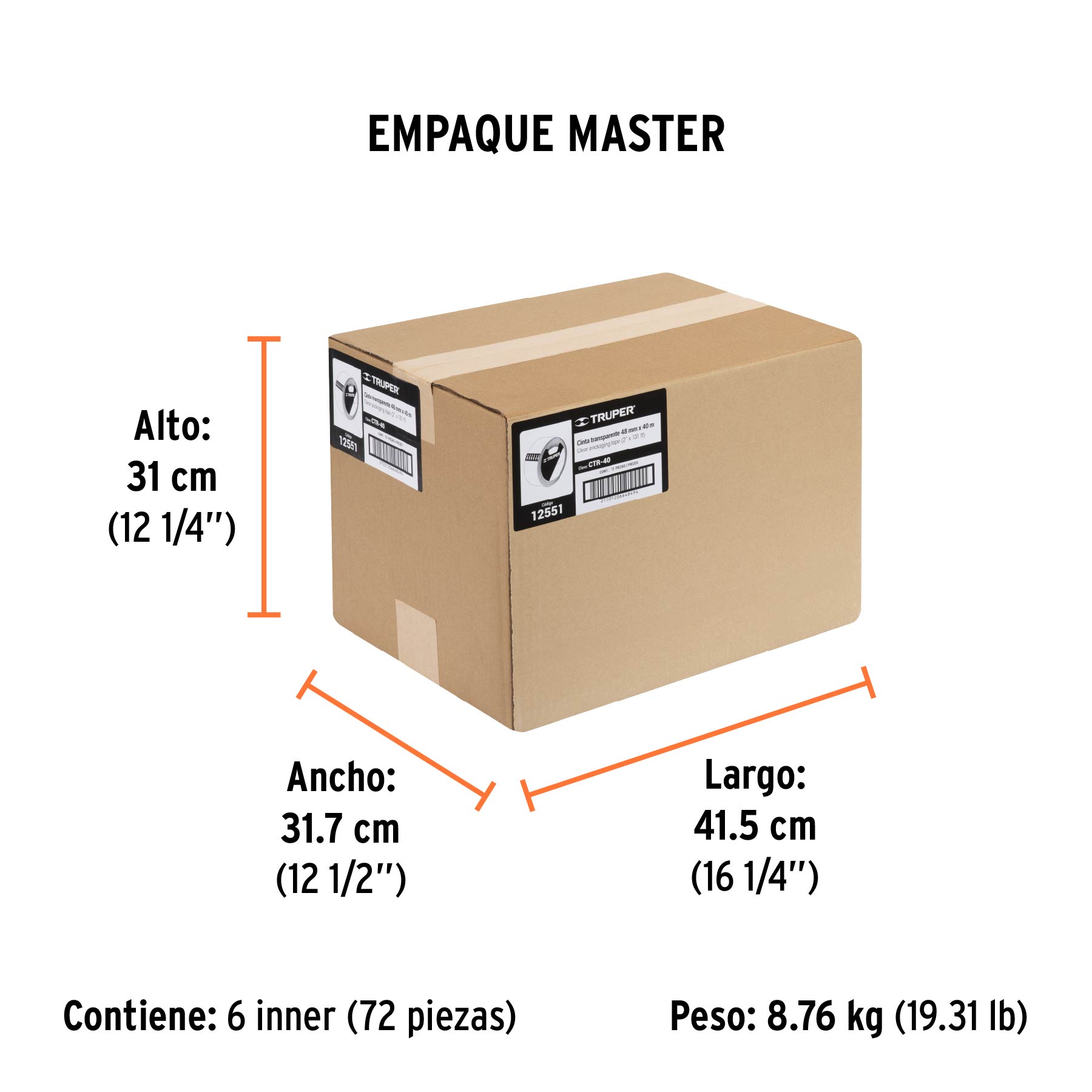 Cinta de empaque 48 mm x 40 m transparente, TRUPER - Empaque