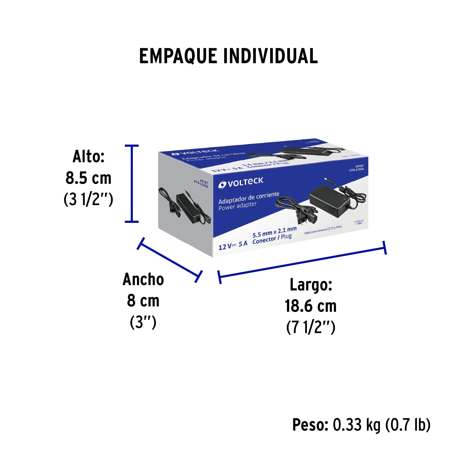 Fuente de Alimentación 12V 5A para CCTV, VOLTECK - Empaque