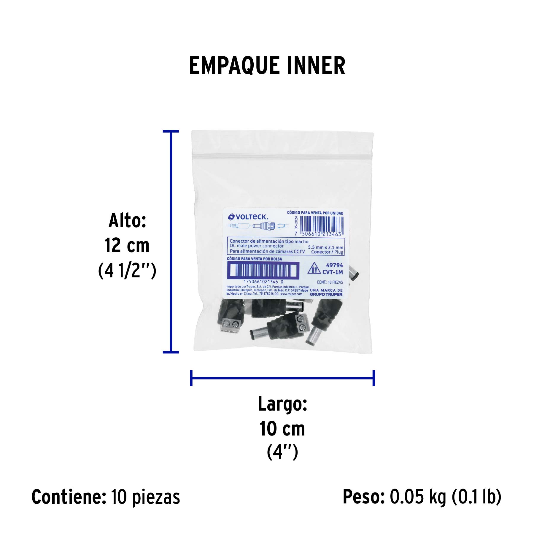 Conector de energía para CCTV tipo macho, VOLTECK - Empaque