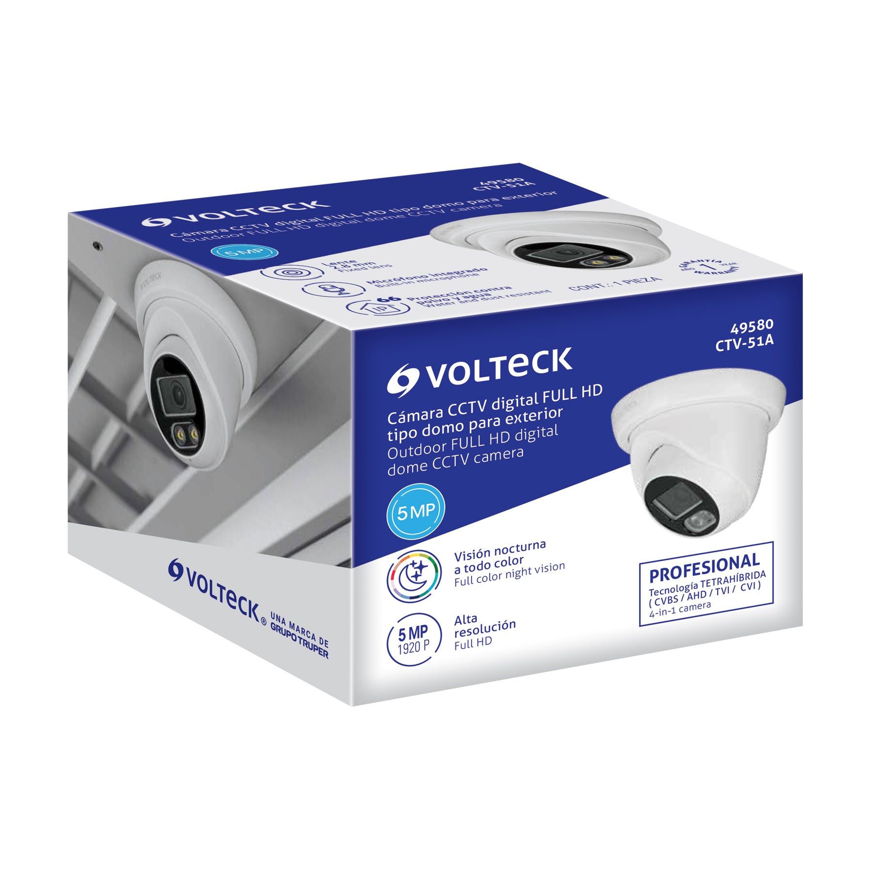 Cámara Tipo Domo 5MP, Lente 2.8mm, c/Micrófono, VOLTECK
