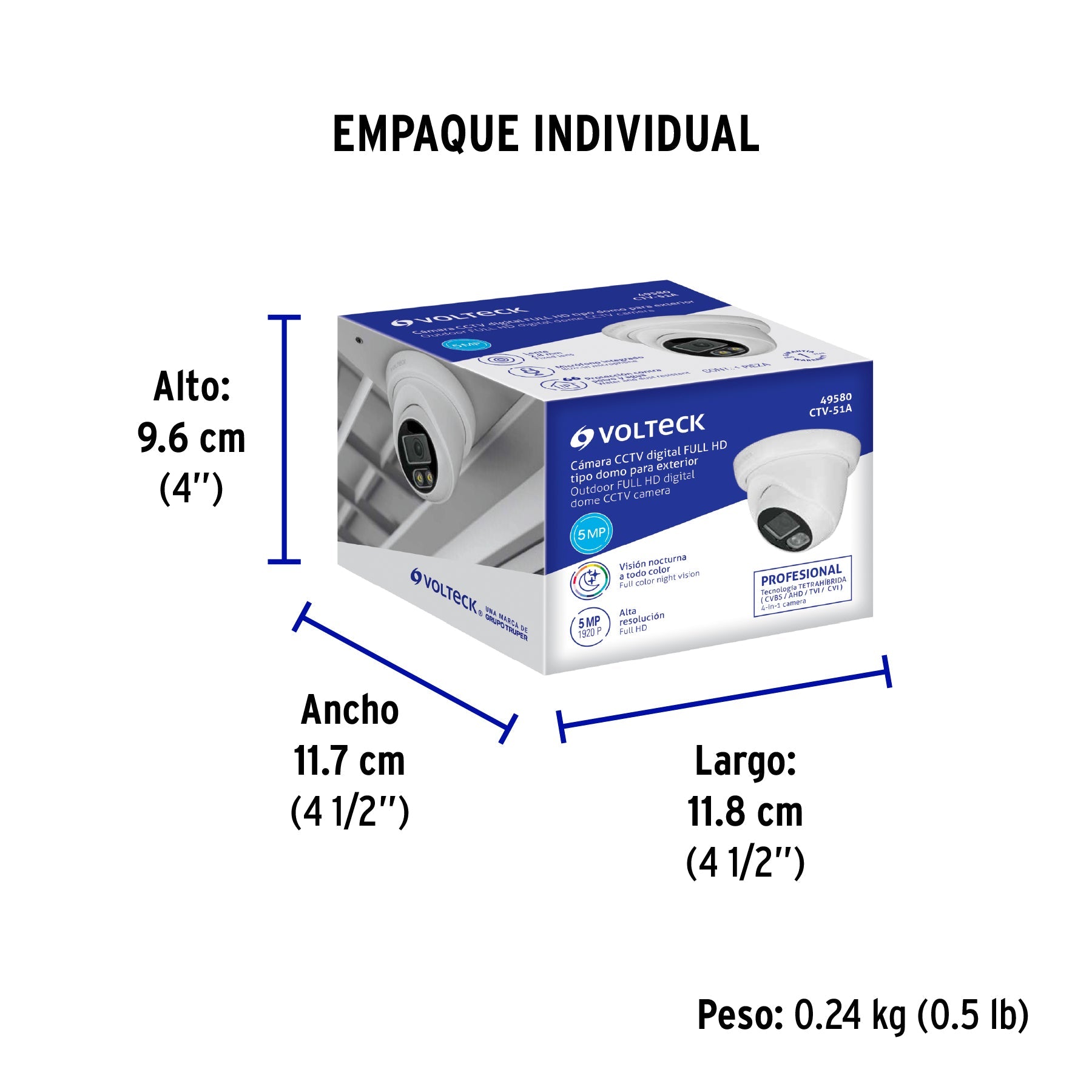 Cámara Tipo Domo 5MP, Lente 2.8mm, c/Micrófono, VOLTECK - Empaque