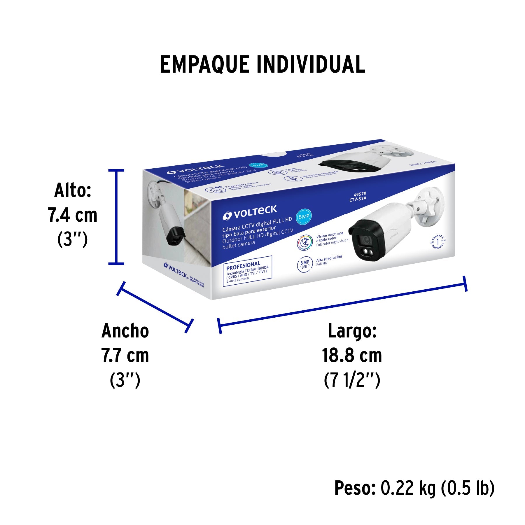 Cámara Tipo Bala 5MP, Lente 2.8mm, c/Micrófono, VOLTECK - Empaque