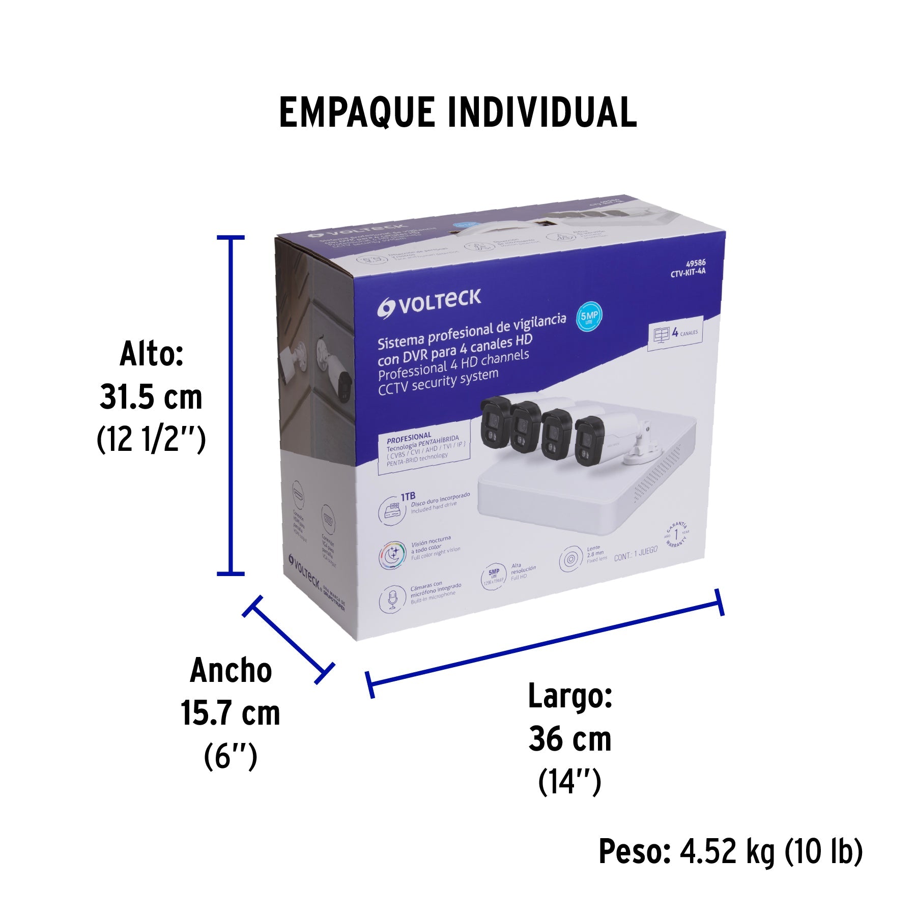 Kit video vigilancia, 4 canales, 4 cámaras, 5MP, Disco 1TB - Empaque