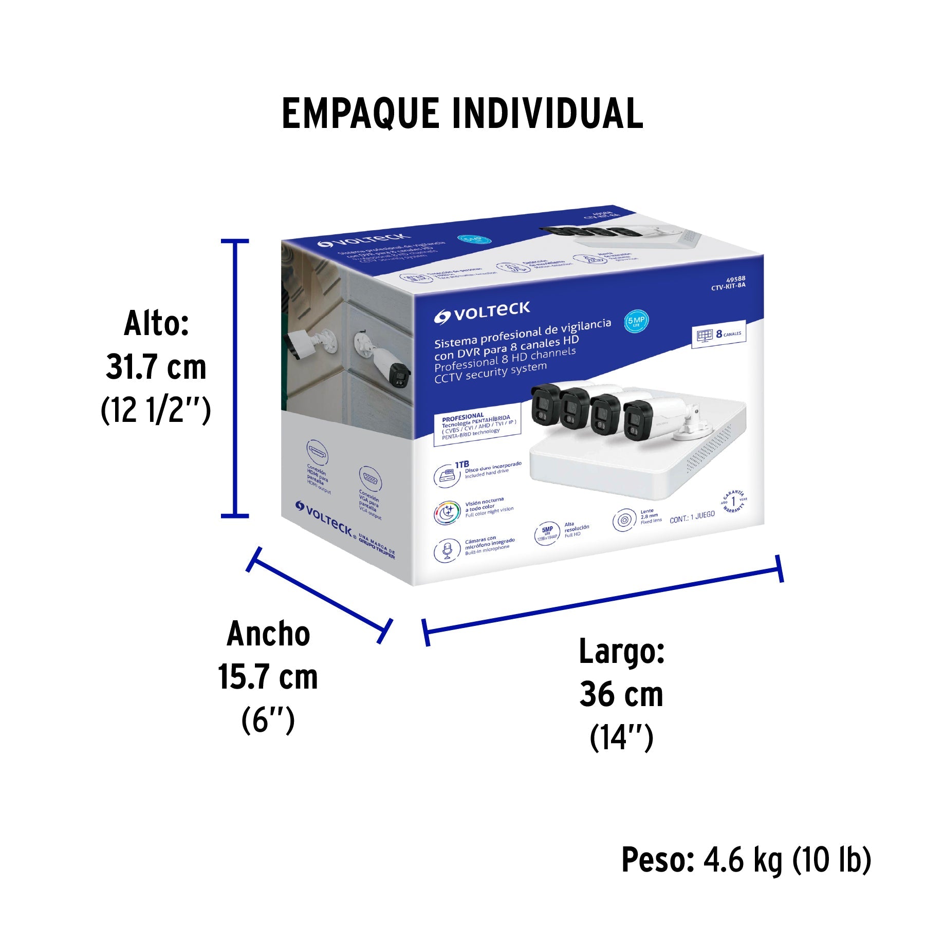 Kit video vigilancia, 8 canales, 4 cámaras, 5MP, Disco 1TB - Empaque